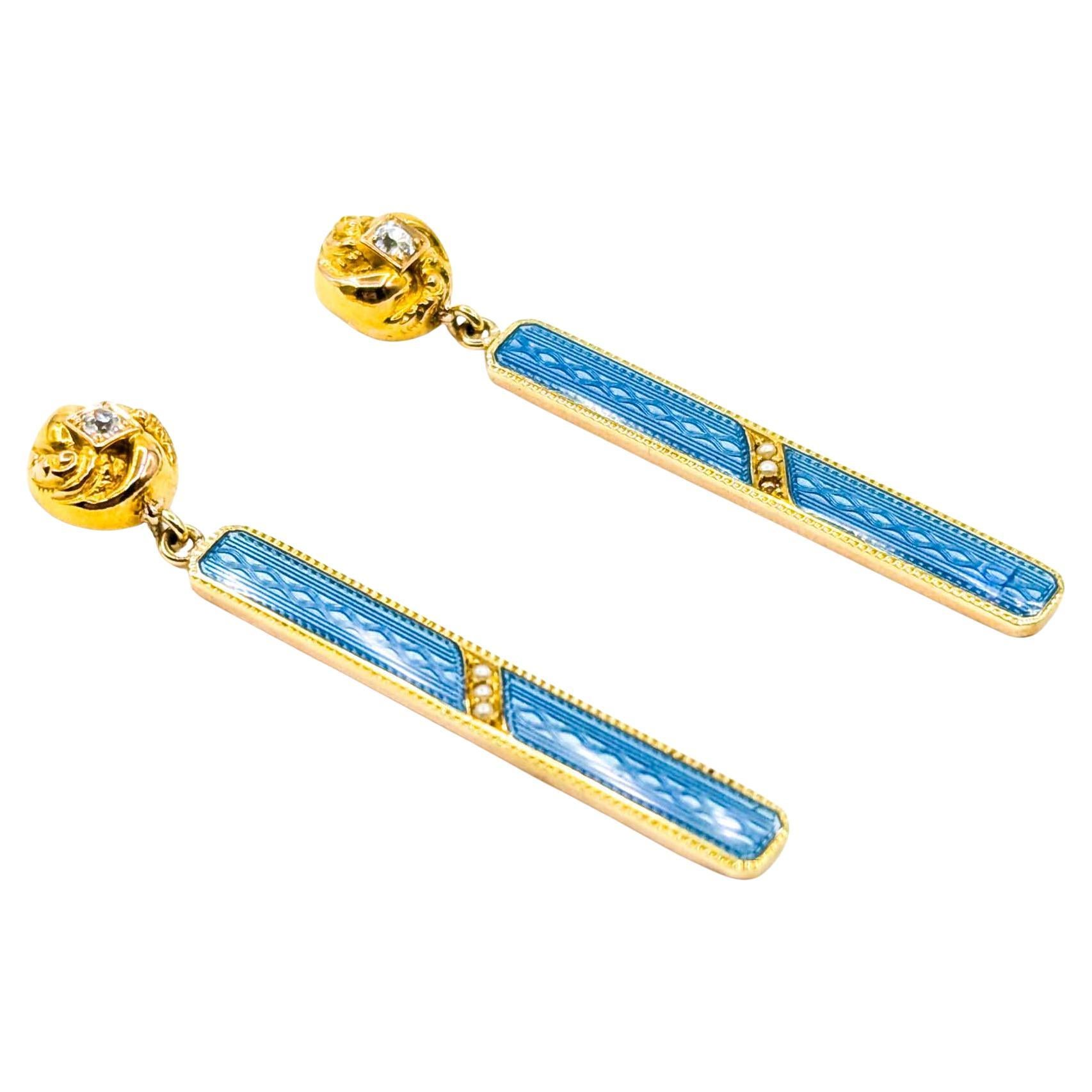 Exquisite Diamond, Pearl, and Blue Enamel Earrings in 14k Yellow Gold Bar Dangle in vendita