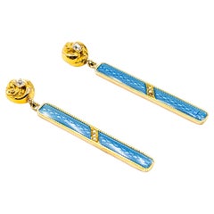Exquisite Diamond, Pearl, and Blue Enamel Earrings in 14k Yellow Gold Bar Dangle