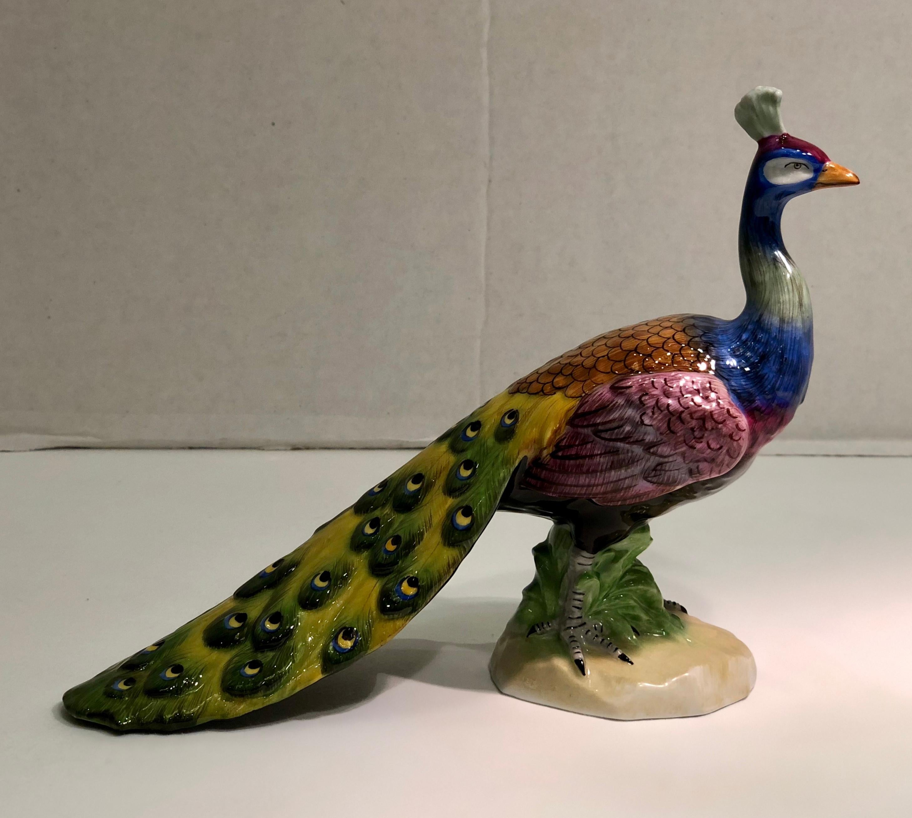 Exquisite Dresden Porcelain Peacock Tail Closed Facing Forward Figurine Germany For Sale 3