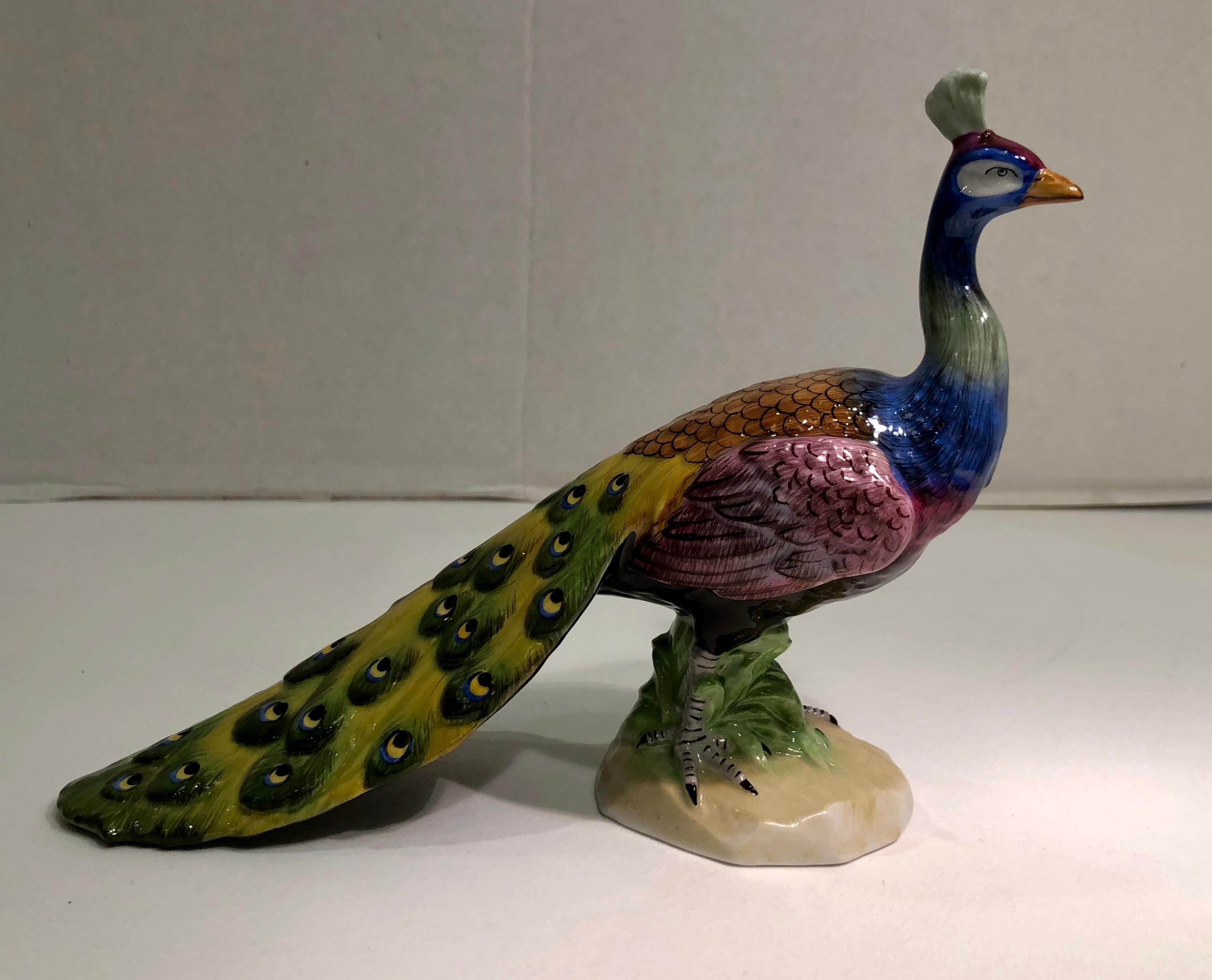 Hand-Crafted Exquisite Dresden Porcelain Peacock Tail Closed Facing Forward Figurine Germany For Sale