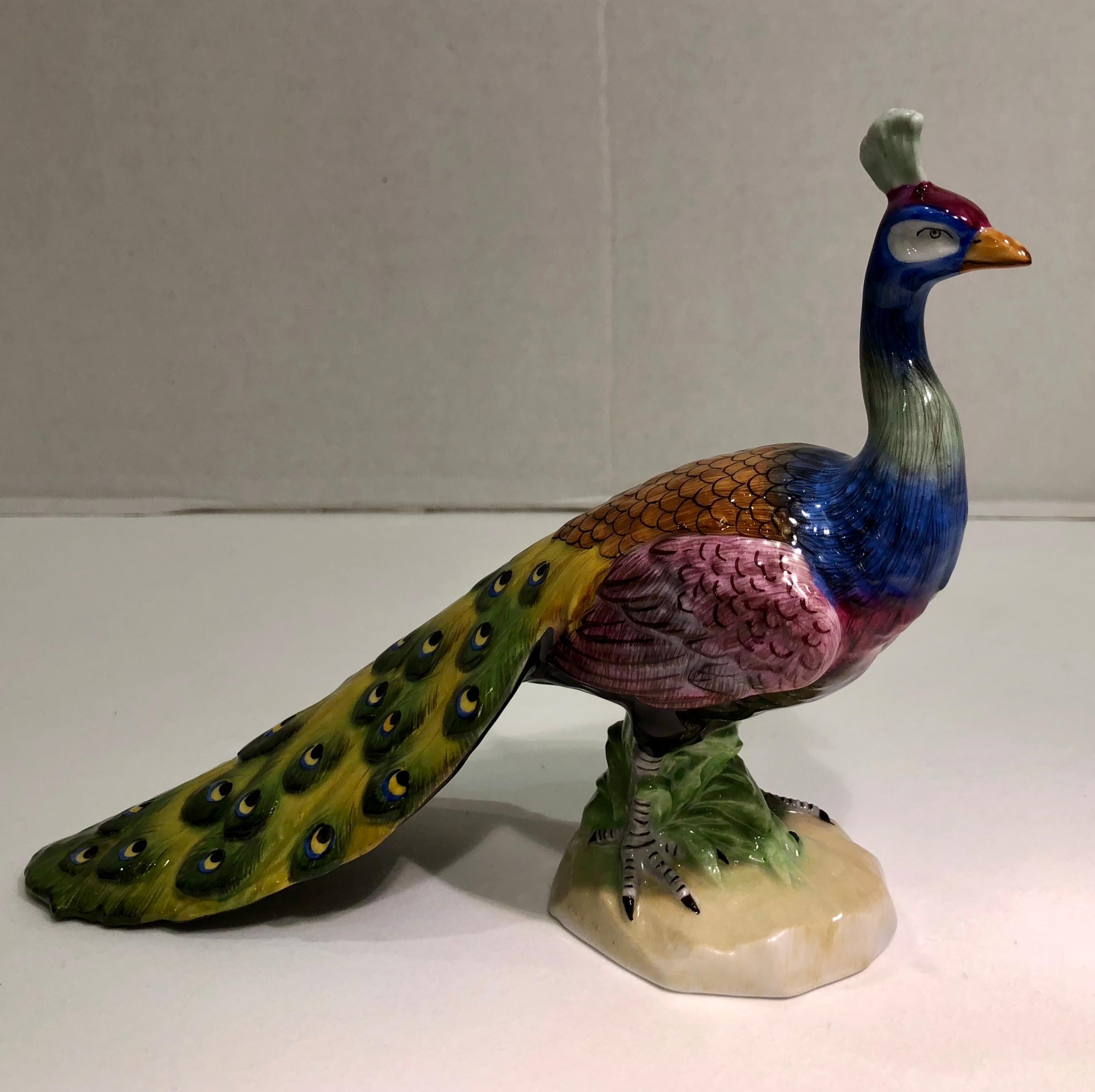 Exquisite Dresden Porcelain Peacock Tail Closed Facing Forward Figurine Germany In Excellent Condition For Sale In Tustin, CA