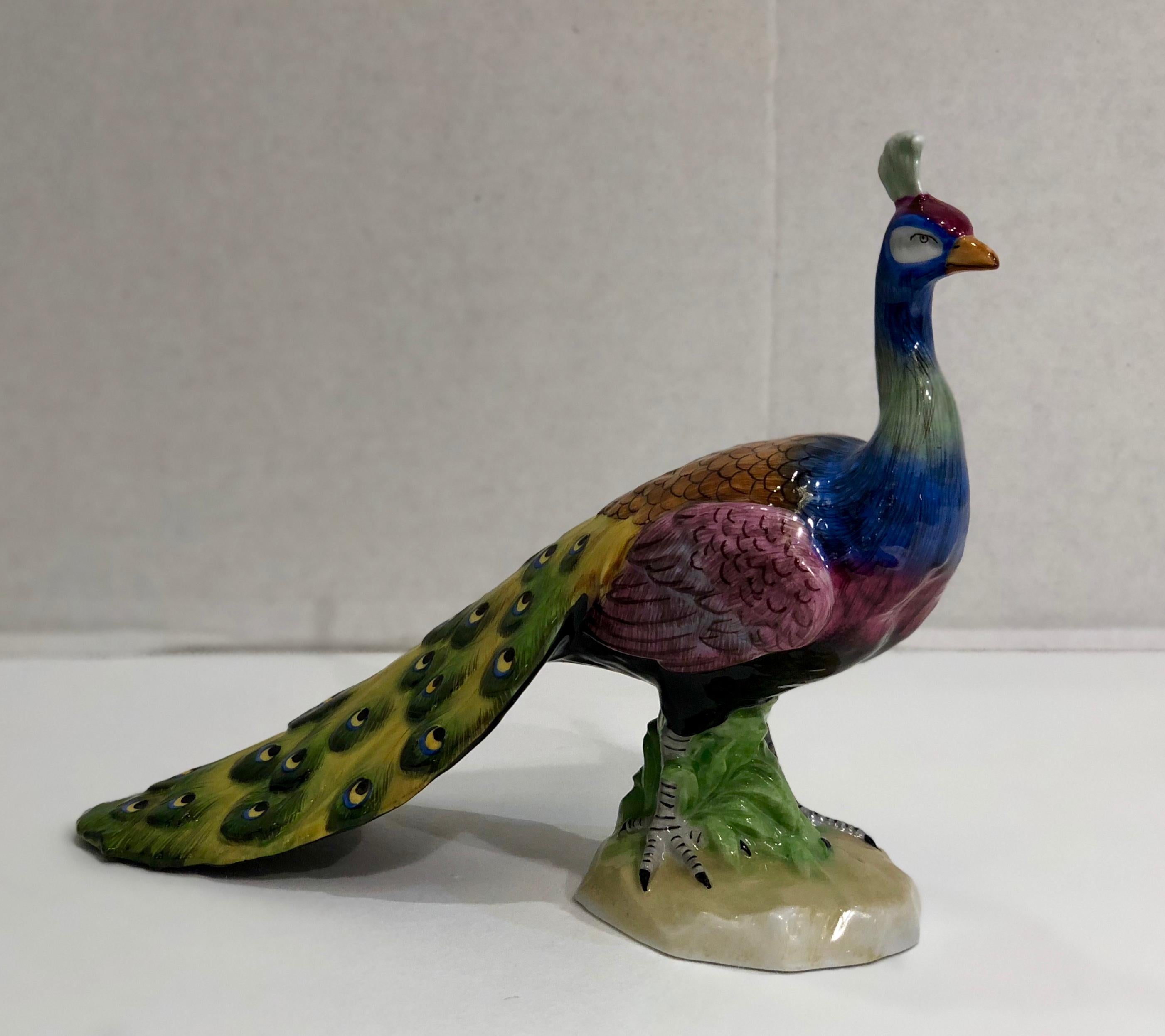 Exquise Dresden Porcelain Peacock Tail Closed Facing Forward Figurine Germany en vente 1