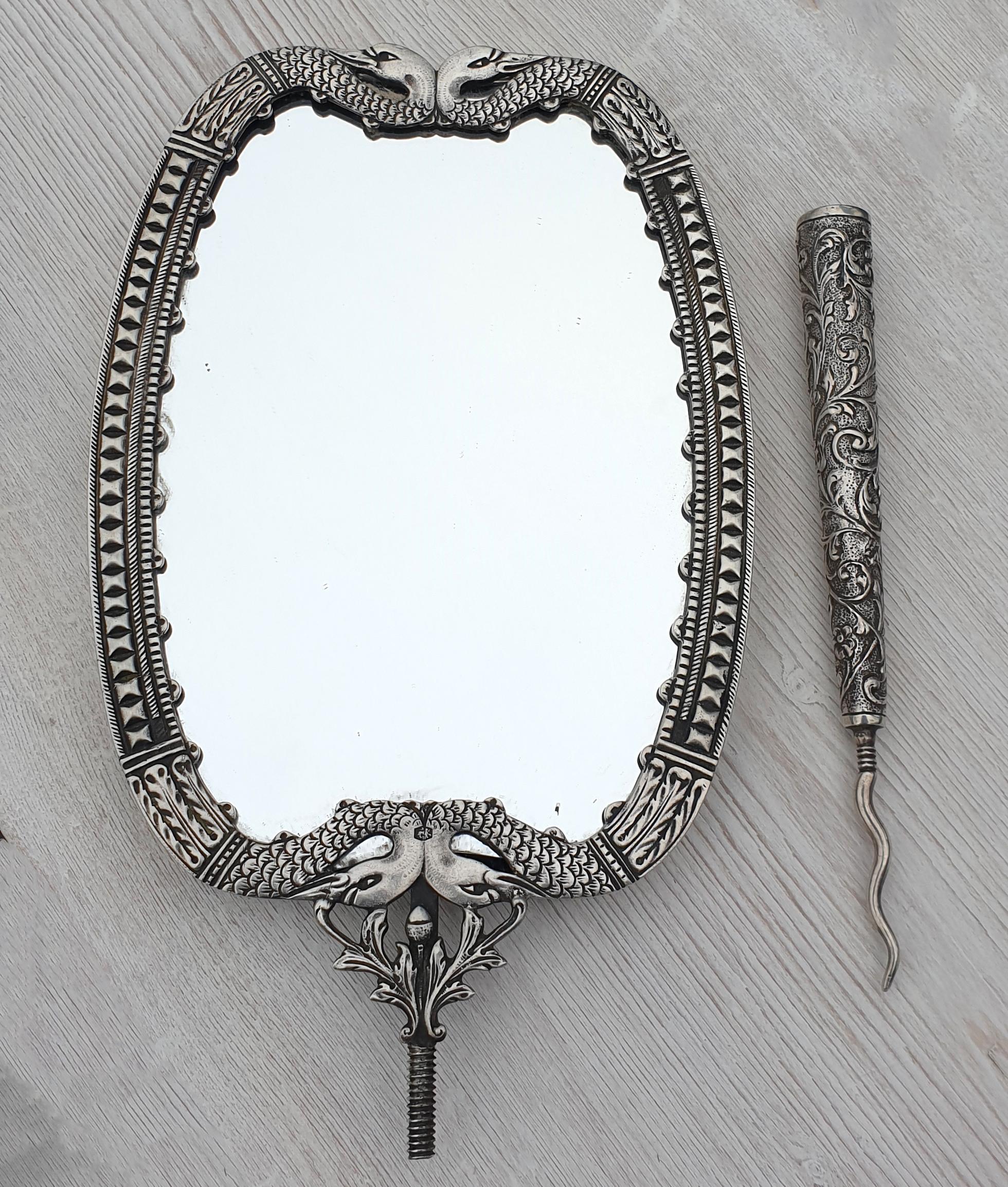 Exquisite Dutch Amsterdam Silver Midcentury Swans Hand Mirror For Sale 2