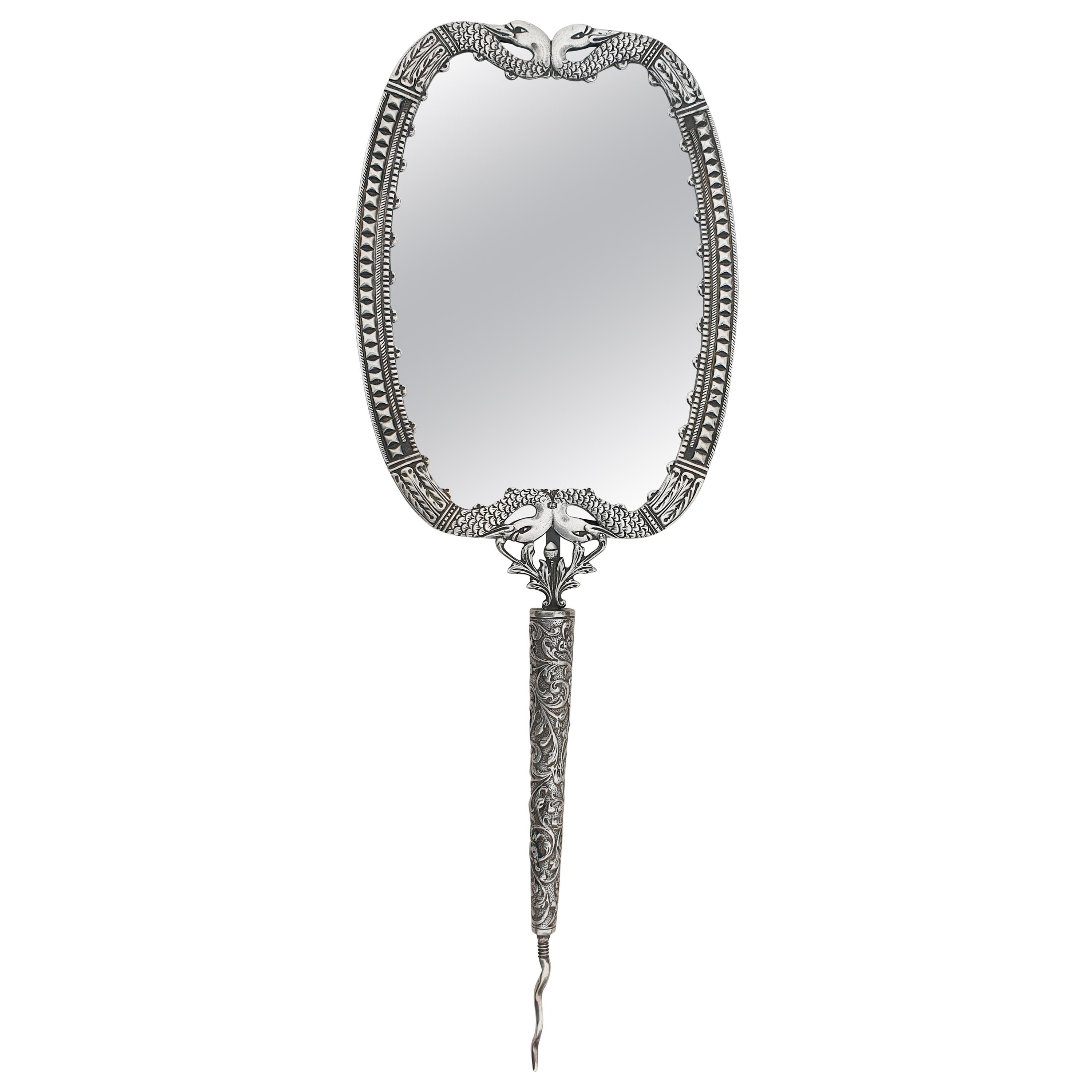 Exquisite Dutch Amsterdam Silver Midcentury Swans Hand Mirror For Sale