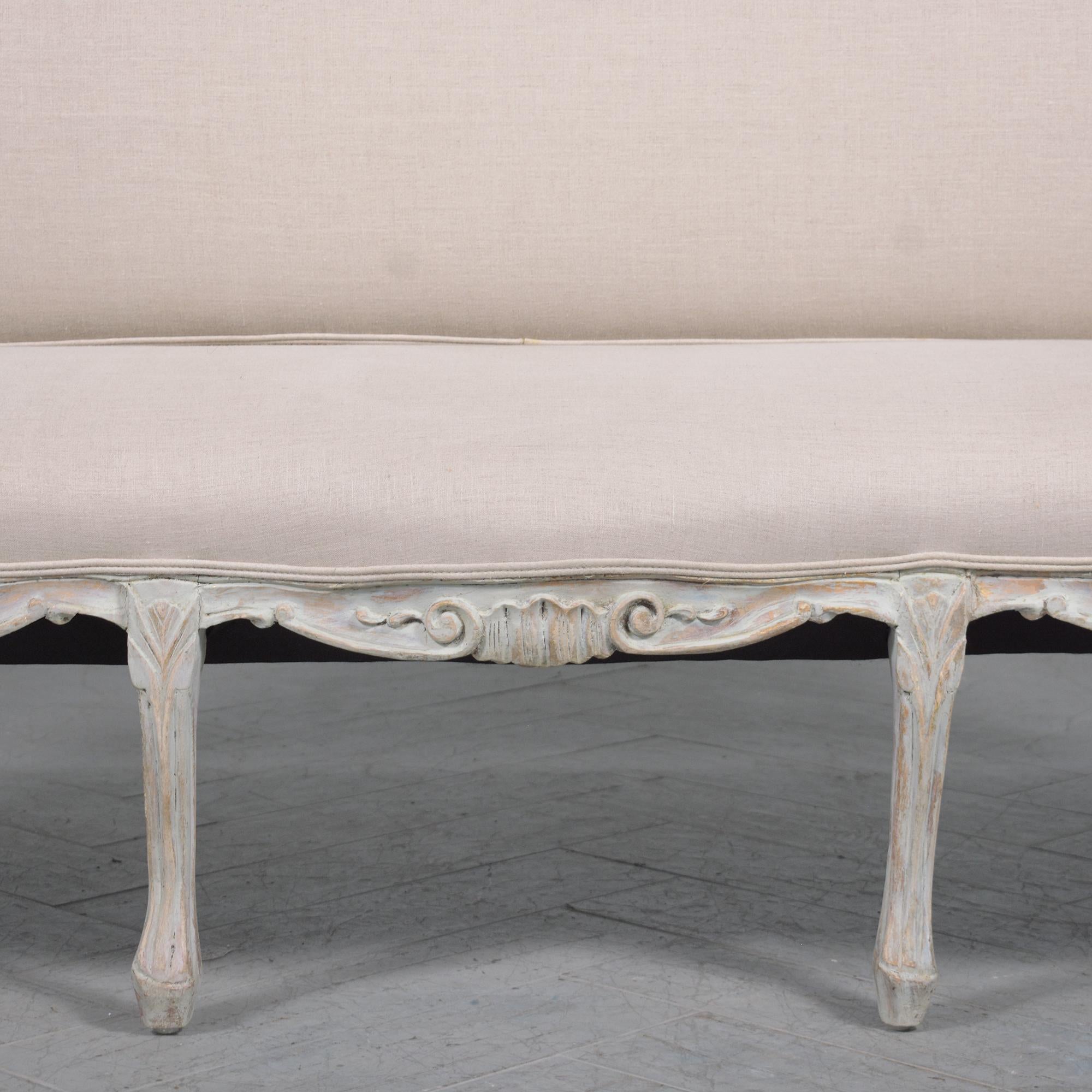 Early 20th Century Restored Early 1900s French Sofa with Hand-Carved Details and Belgian Fabric For Sale