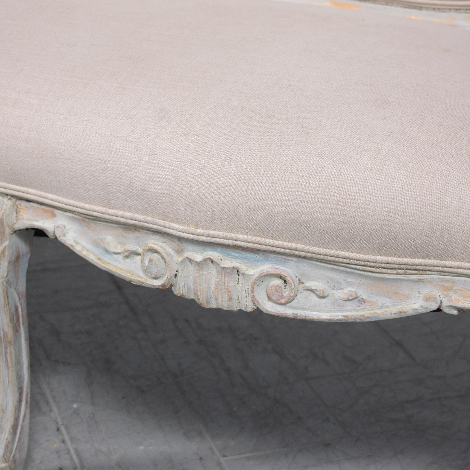 Restored Early 1900s French Sofa with Hand-Carved Details and Belgian Fabric For Sale 2