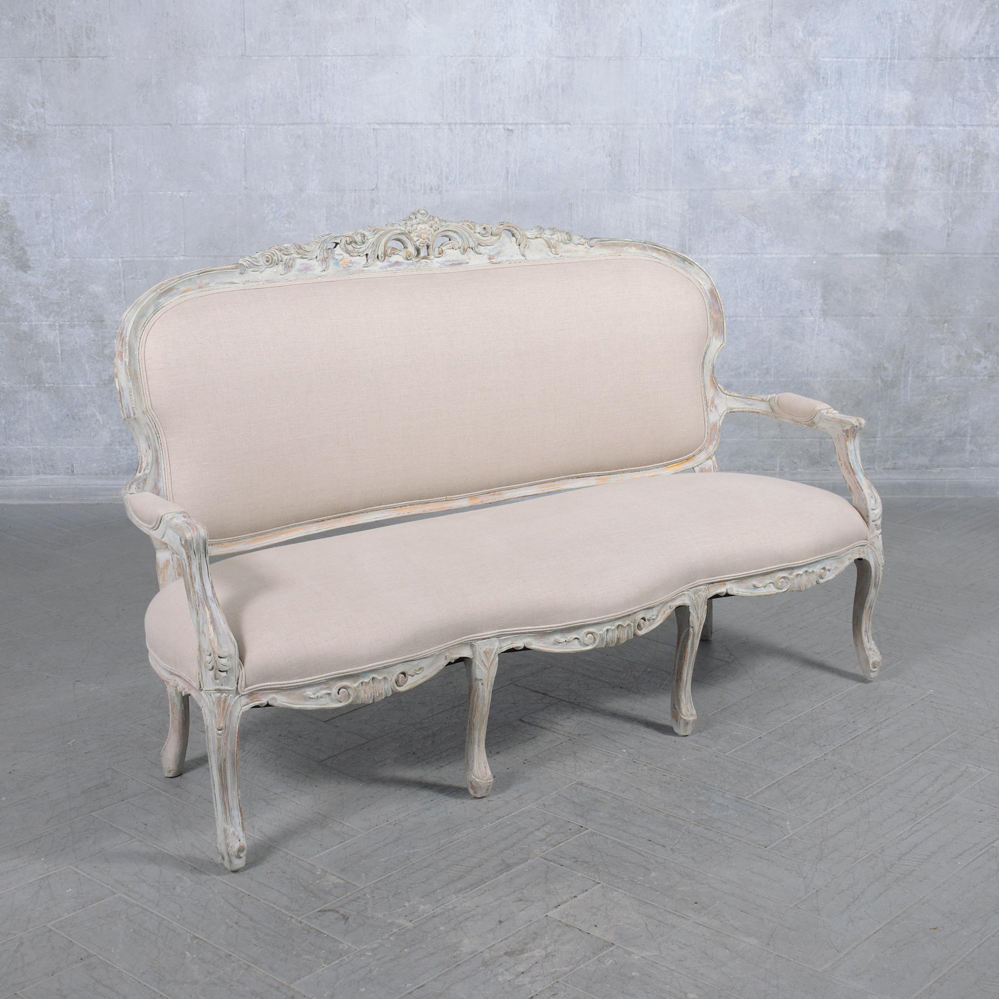 Restored Early 1900s French Sofa with Hand-Carved Details and Belgian Fabric For Sale 2
