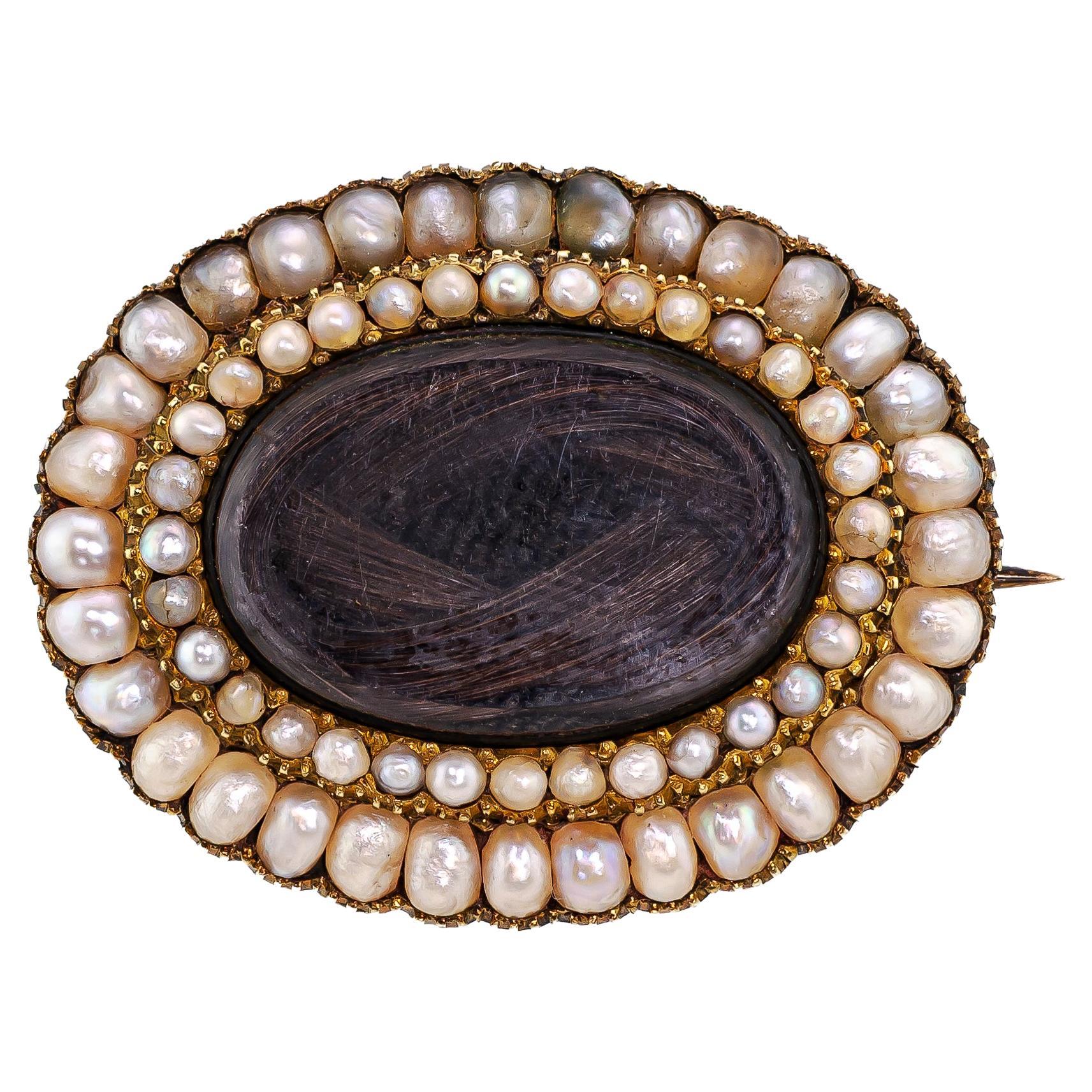 Exquisite Early Victorian Hair, Pearl, and Yellow Gold Brooch For Sale