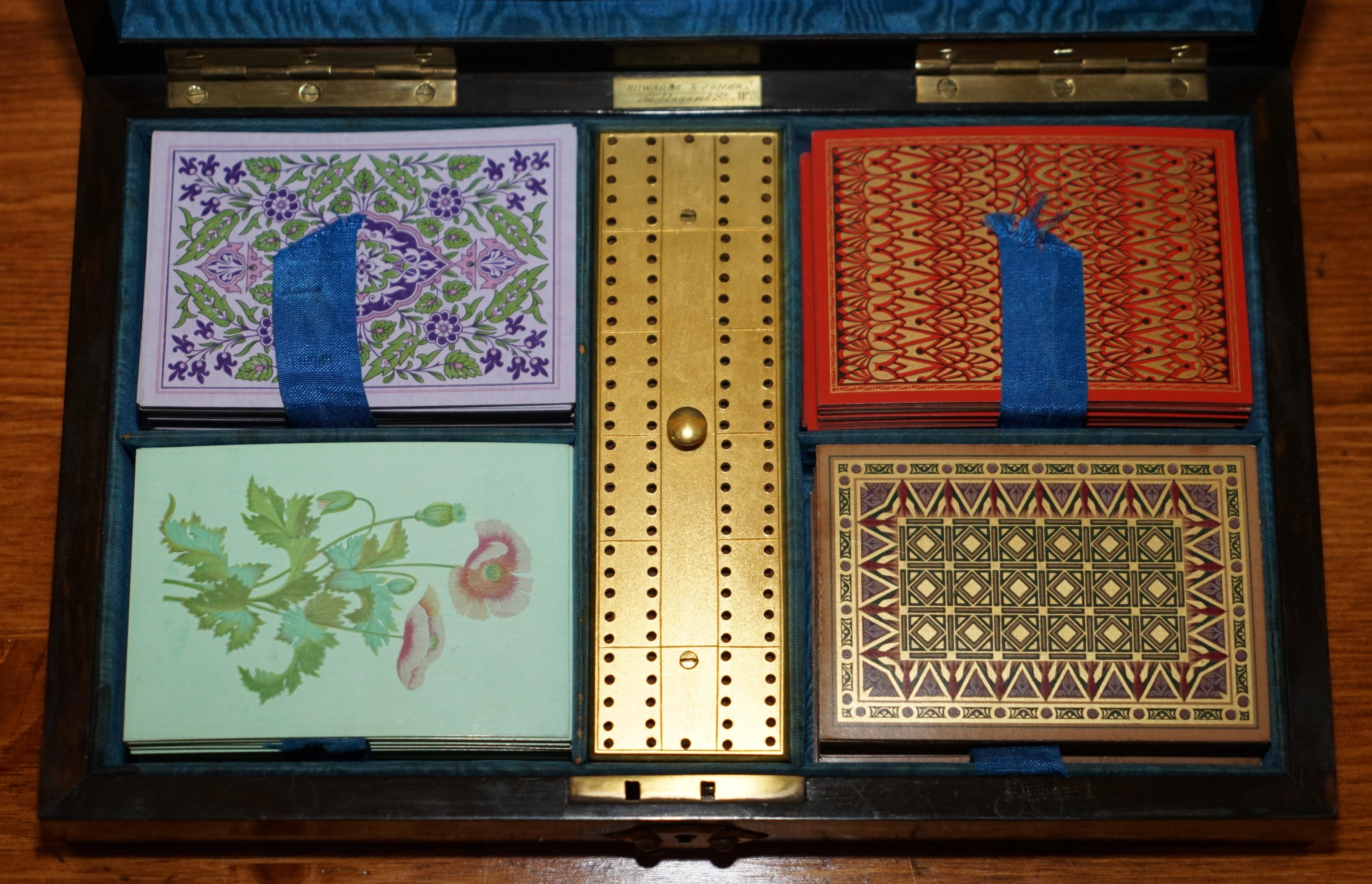 Hand-Crafted EXQUISITE EDWARD & JONES COROMANDEL WOOD CRiBBAGE SET DE LARUE & CO CARDS For Sale