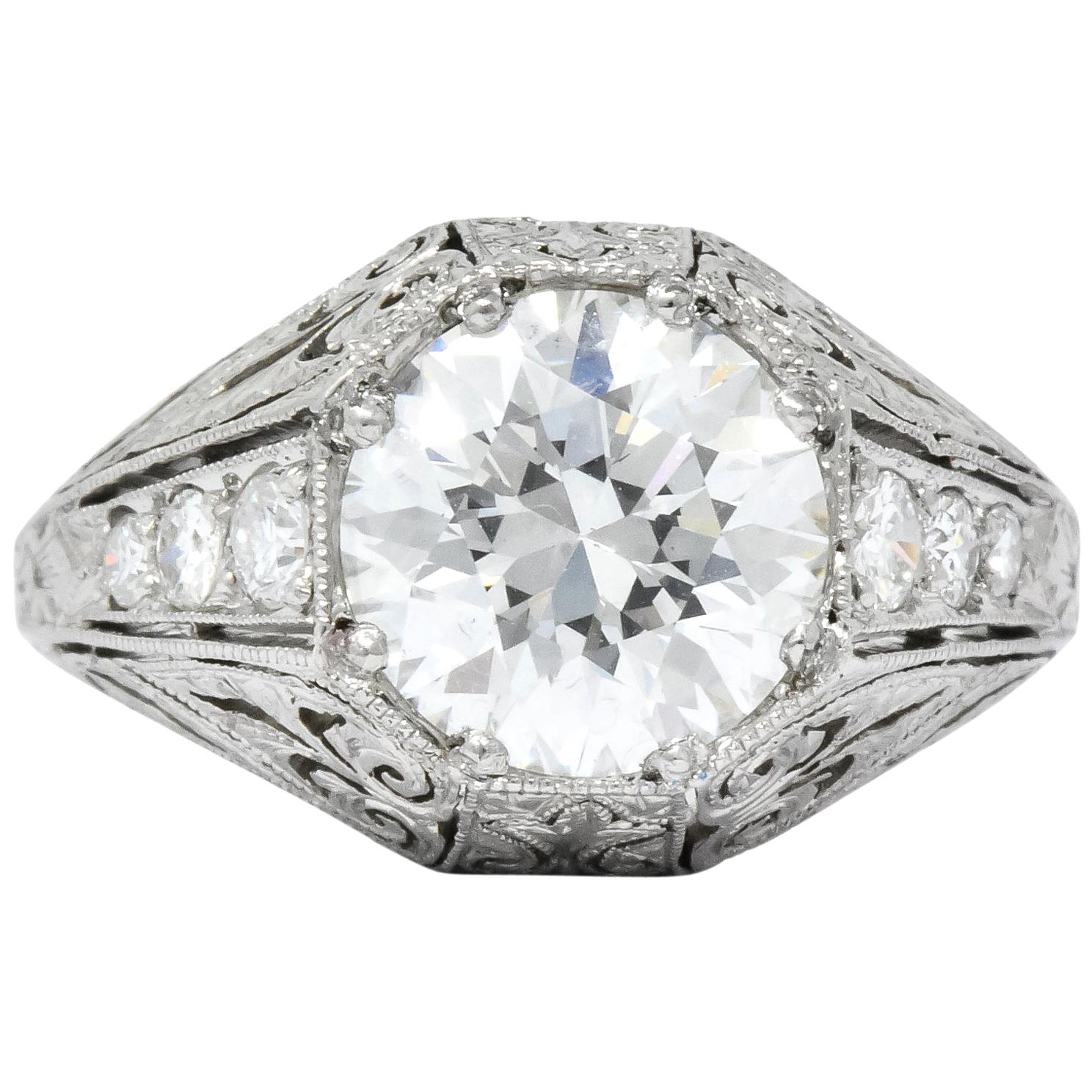 Exquisite Edwardian 2.55 Carat Diamond Platinum Engagement Ring GIA