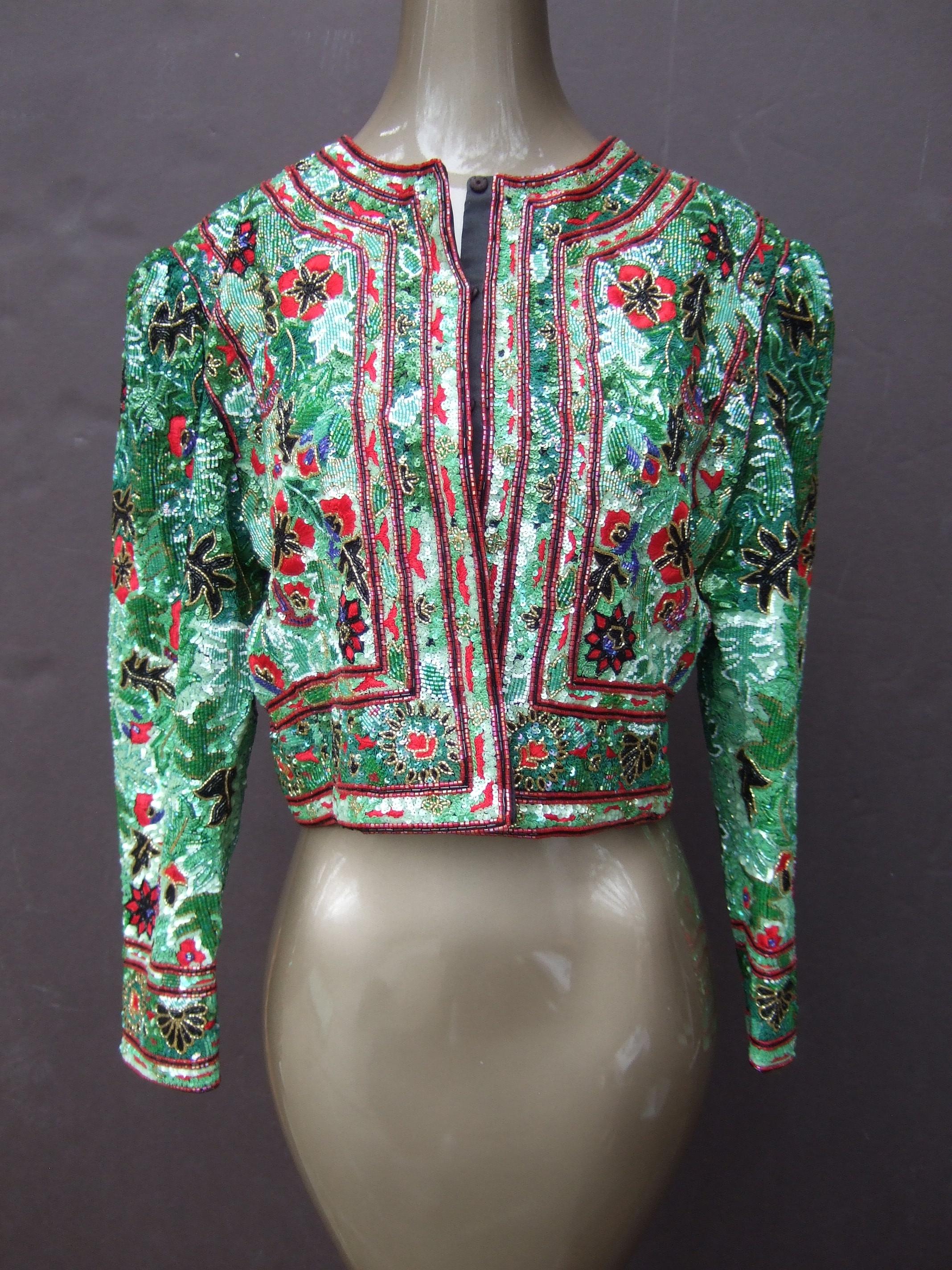Exquisite Elaborate Glass Floral Beaded Embroidered Bolero Jacket c 1980s For Sale 7