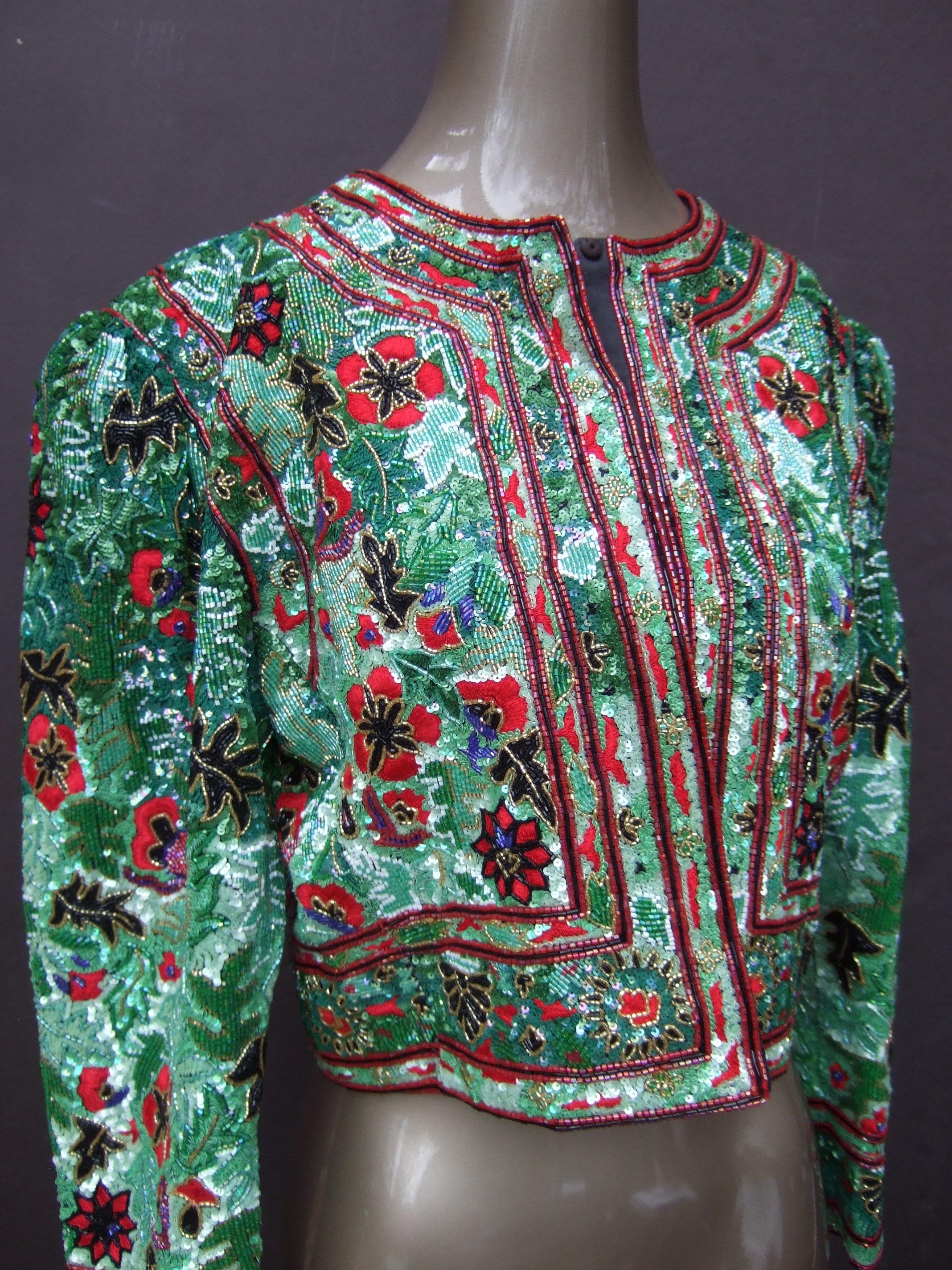 Exquisite Elaborate Glass Floral Beaded Embroidered Bolero Jacket c 1980s For Sale 8