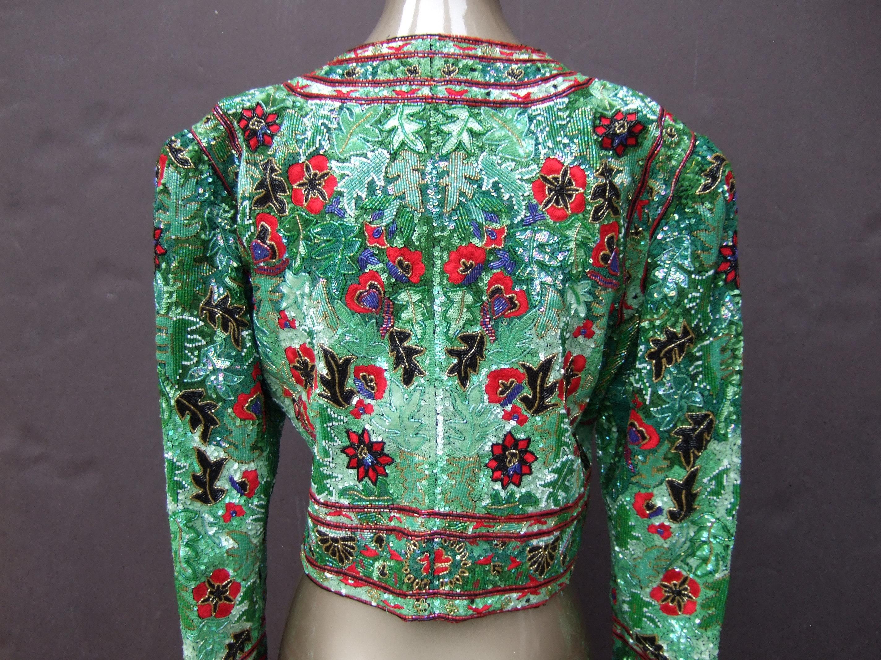 Exquisite Elaborate Glass Floral Beaded Embroidered Bolero Jacket c 1980s For Sale 14
