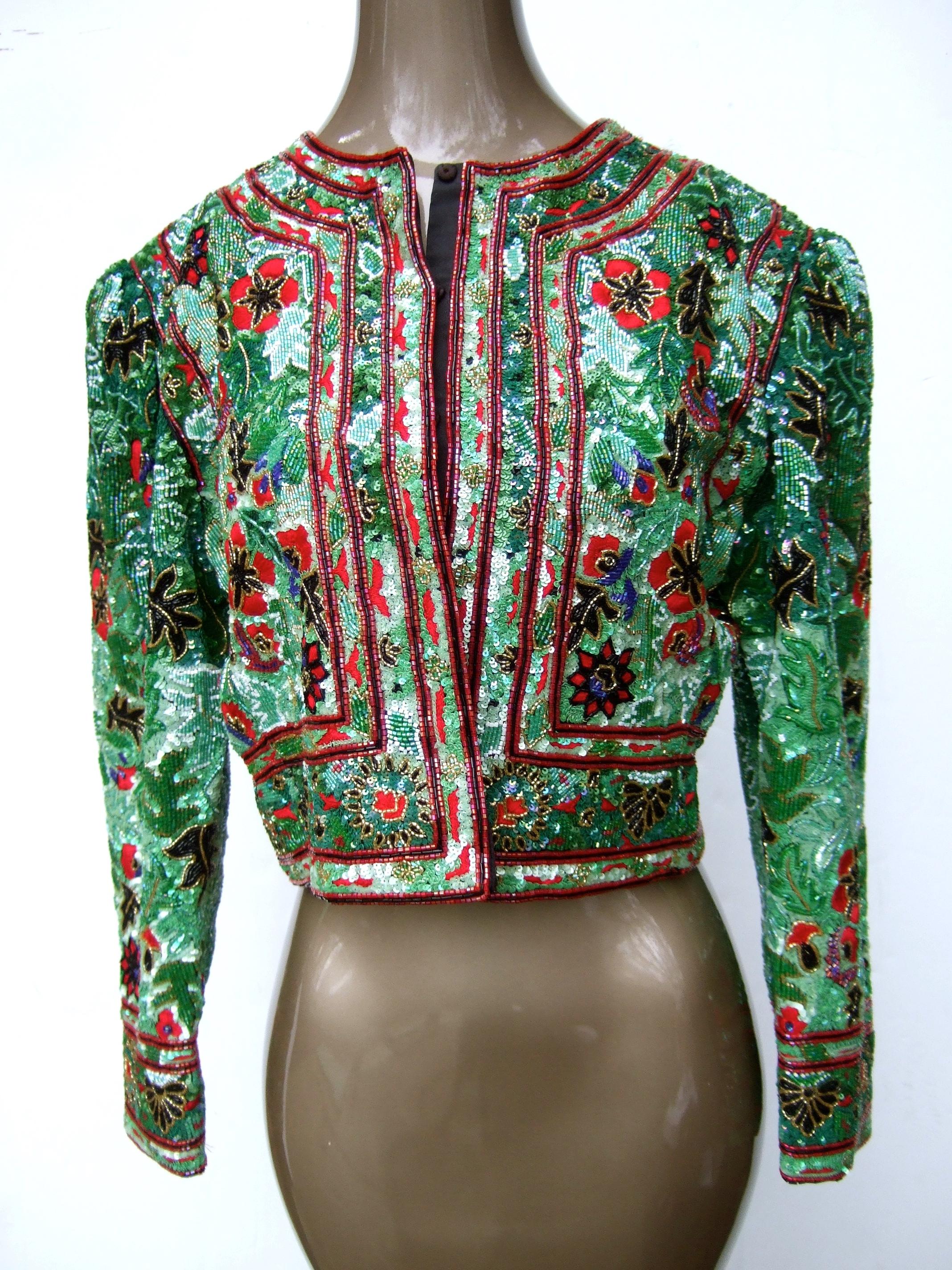 Exquisite Elaborate Glass Floral Beaded Embroidered Bolero Jacket c 1980s In Good Condition For Sale In University City, MO