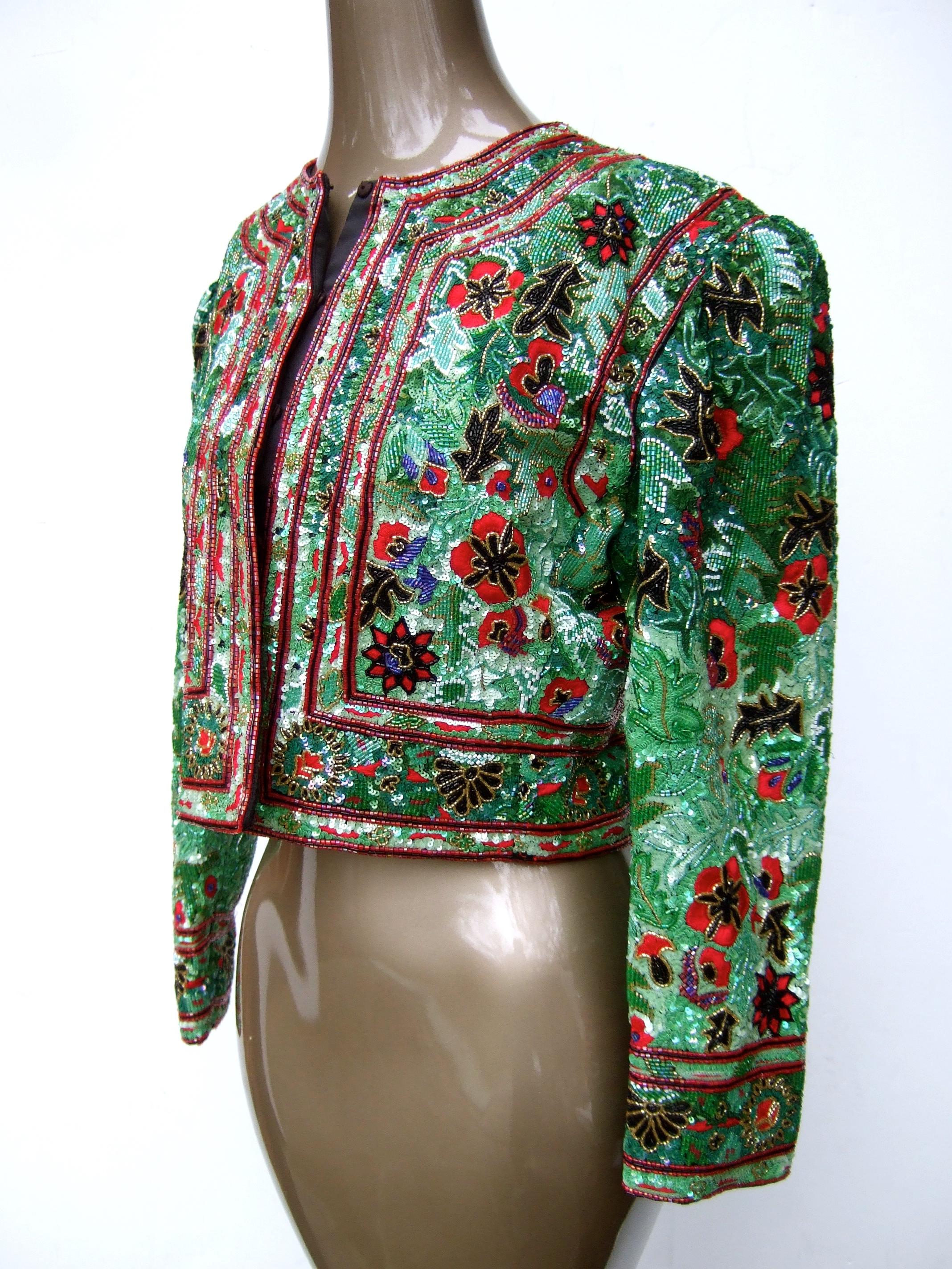 Women's Exquisite Elaborate Glass Floral Beaded Embroidered Bolero Jacket c 1980s For Sale