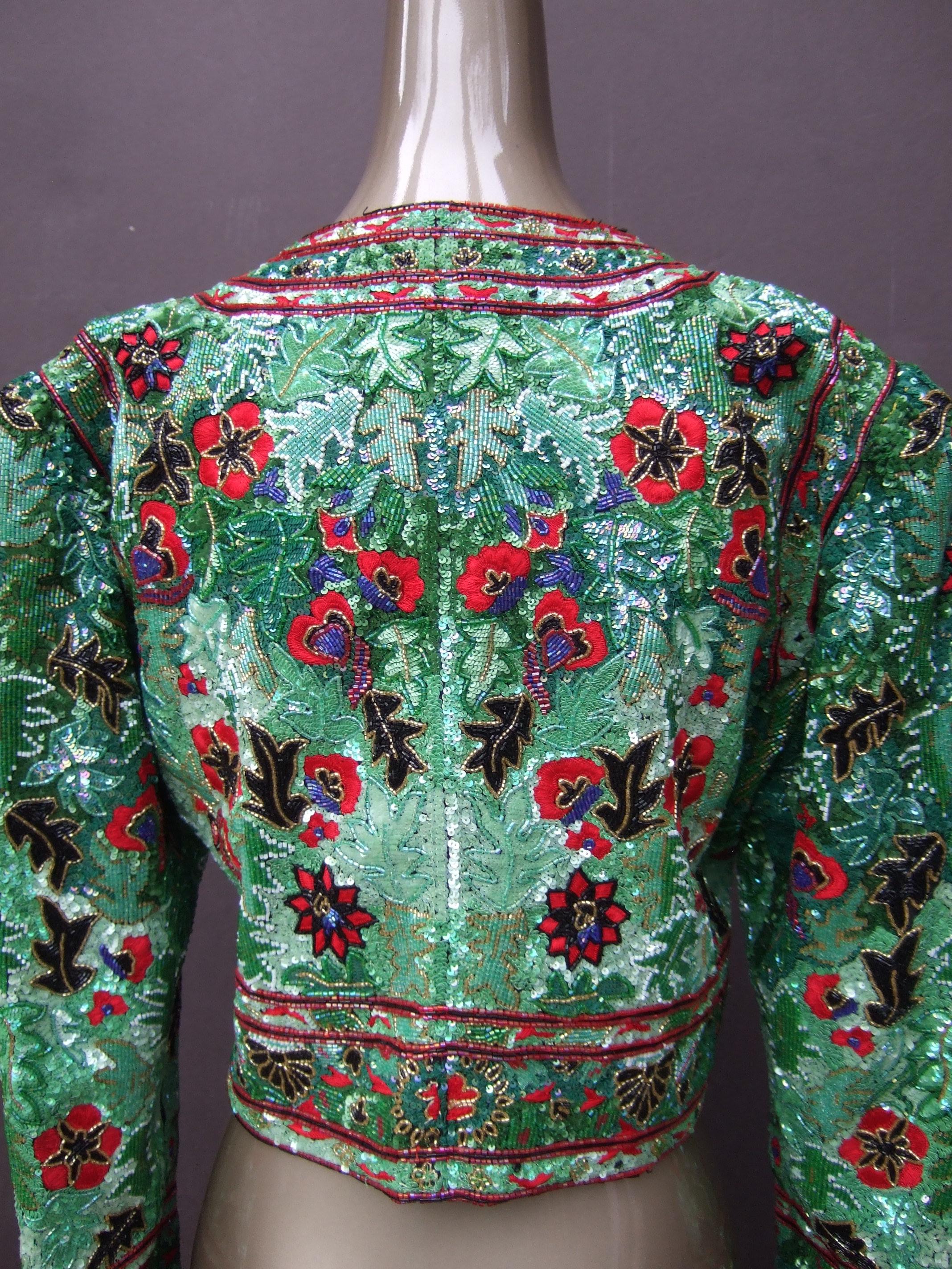 Exquisite Elaborate Glass Floral Beaded Embroidered Bolero Jacket c 1980s For Sale 2