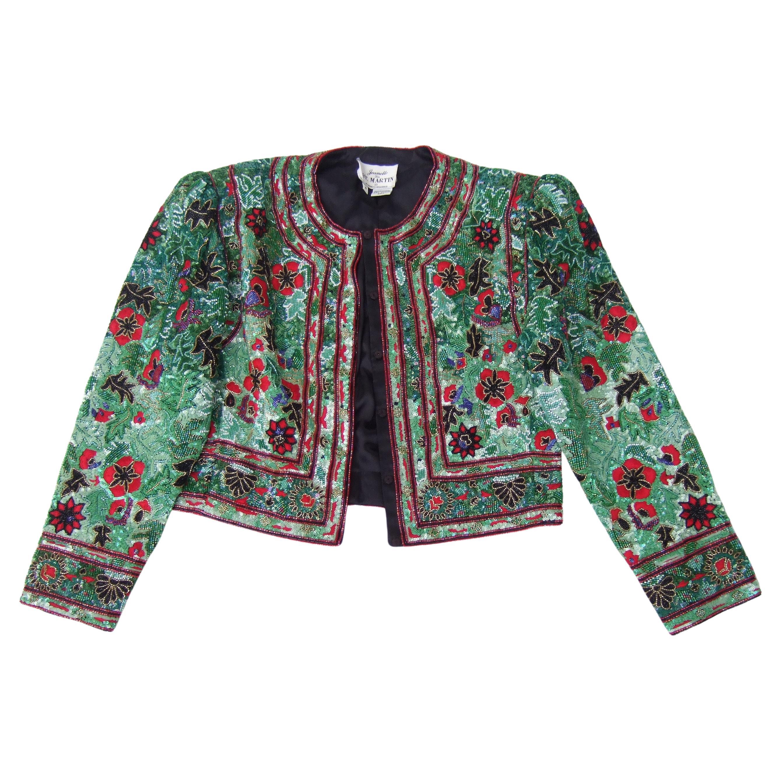 Exquisite Elaborate Glass Floral Beaded Embroidered Bolero Jacket c 1980s For Sale