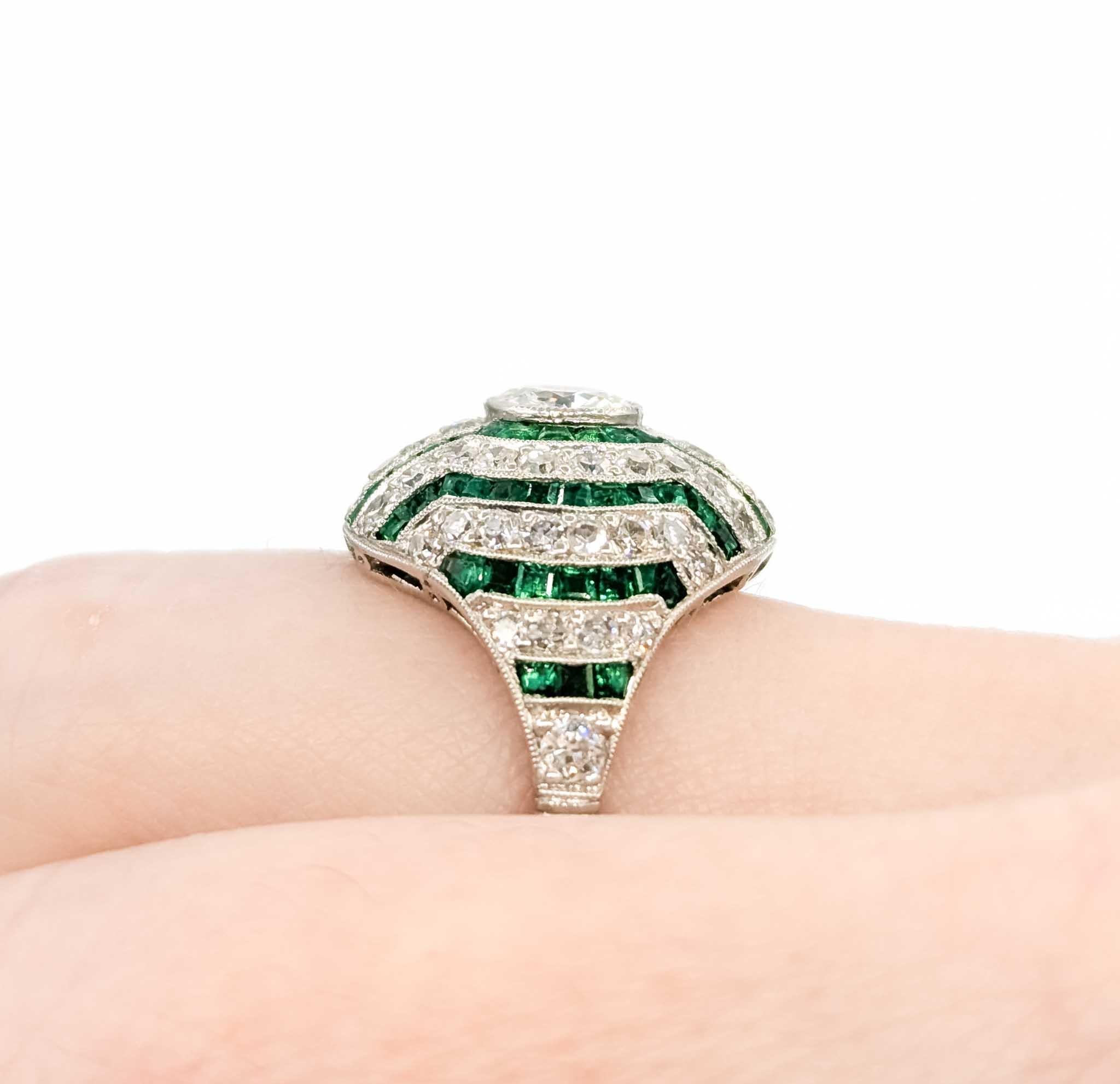 Old European Cut Exquisite Emerald and Diamond Platinum Ring For Sale