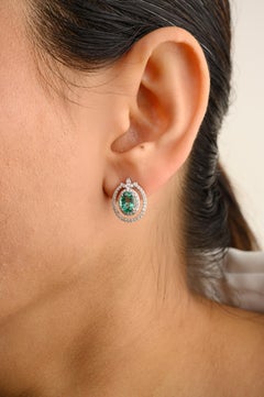 Exquisite Emerald Diamonds Big Stud Earrings in 14k Solid White Gold