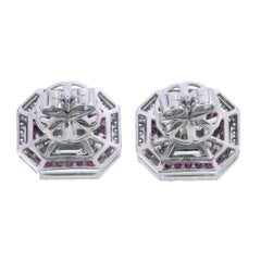 Exquisite Emerald-Cut Diamond & Ruby Halo Stud Earrings in 18K Gold
