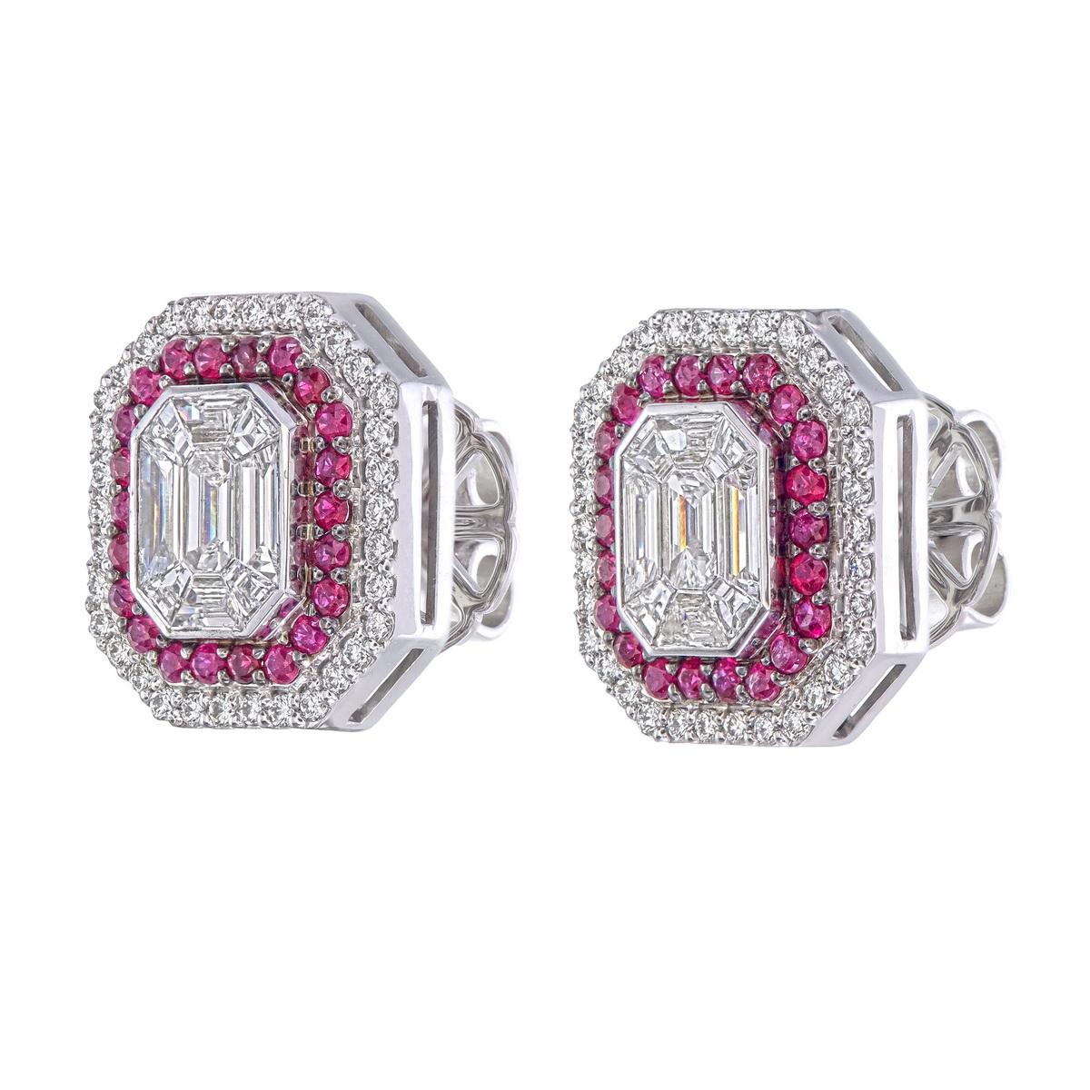 Art Deco Exquisite Emerald-Cut Diamond & Ruby Halo Stud Earrings in 18K Gold For Sale