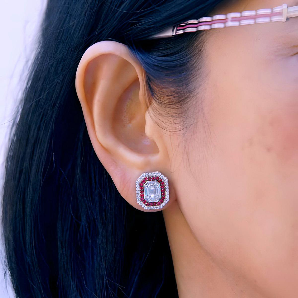 Emerald Cut Exquisite Emerald-Cut Diamond & Ruby Halo Stud Earrings in 18K Gold For Sale