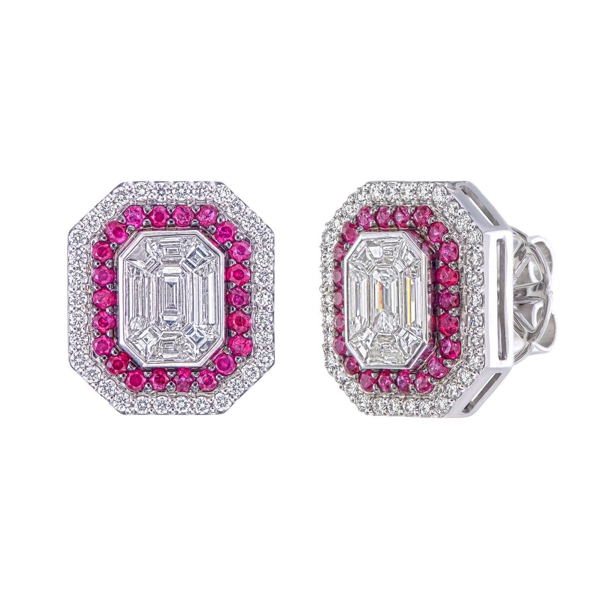 Women's or Men's Exquisite Emerald-Cut Diamond & Ruby Halo Stud Earrings in 18K Gold For Sale