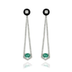 Exquisite Emerald Diamond Long Dangle Cocktail Earrings in 14K Solid White Gold