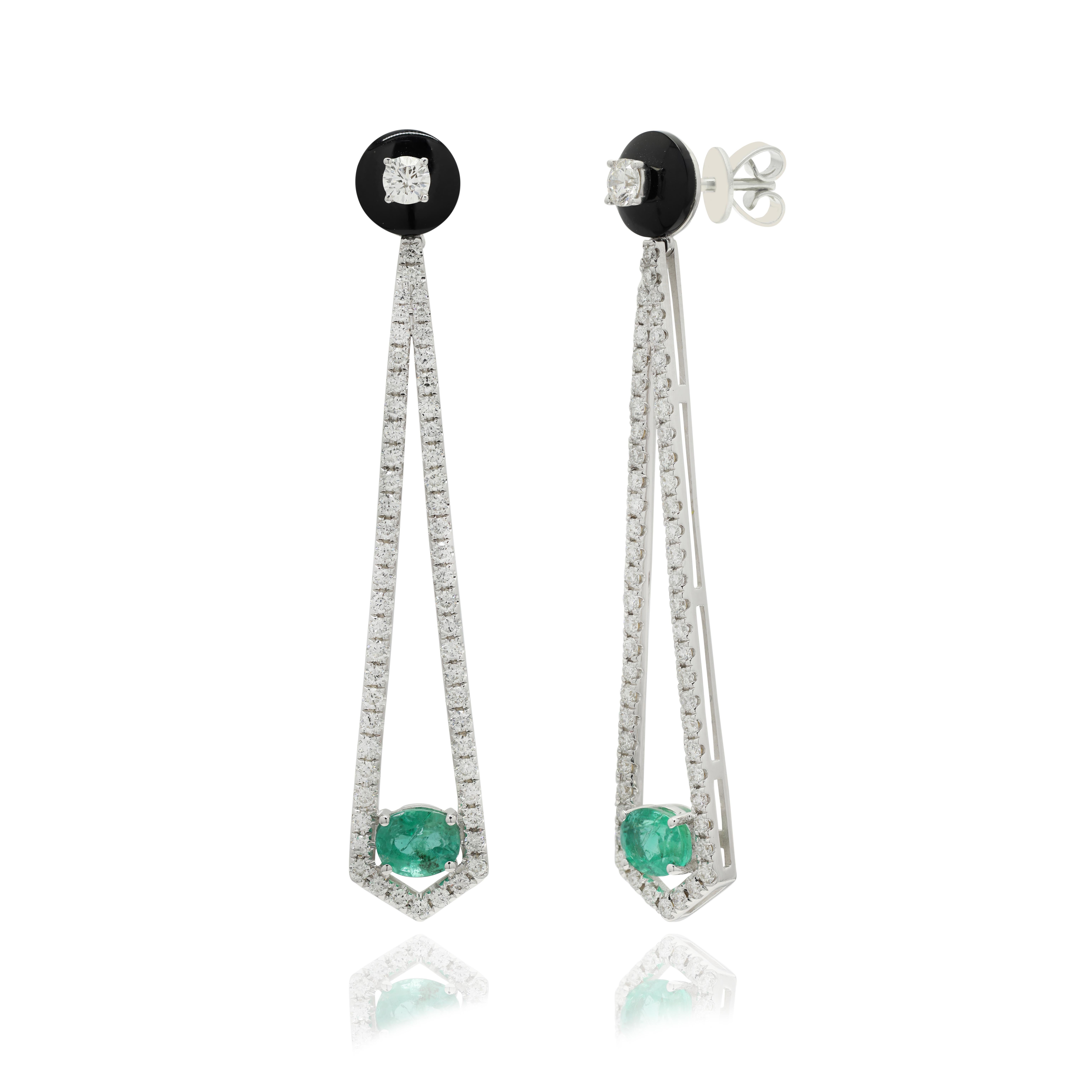 Modern Exquisite Emerald Diamond Long Dangle Cocktail Earrings in 14K Solid White Gold For Sale
