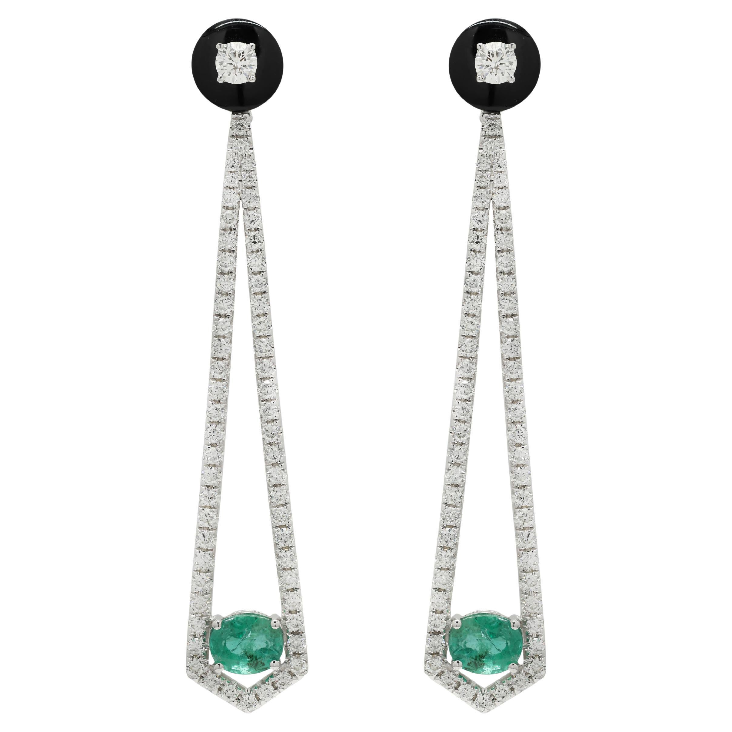 Exquisite Emerald Diamond Long Dangle Cocktail Earrings in 14K Solid White Gold