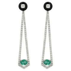 Exquisite Emerald Diamond Long Dangle Cocktail Earrings in 14K Solid White Gold