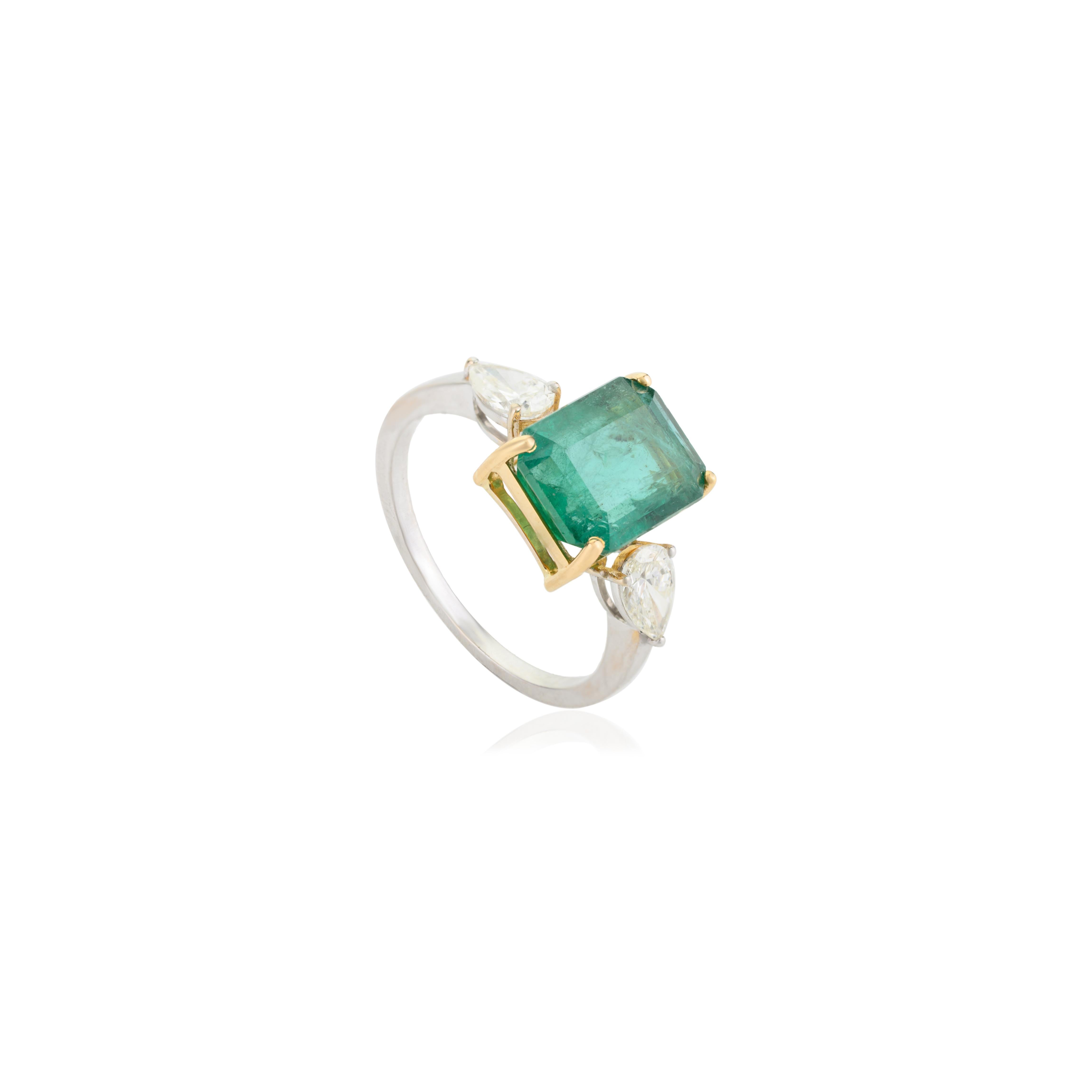 For Sale:  Exquisite Emerald Diamond Three Stone Engagement Ring Studded in 18k Solid Gold 3