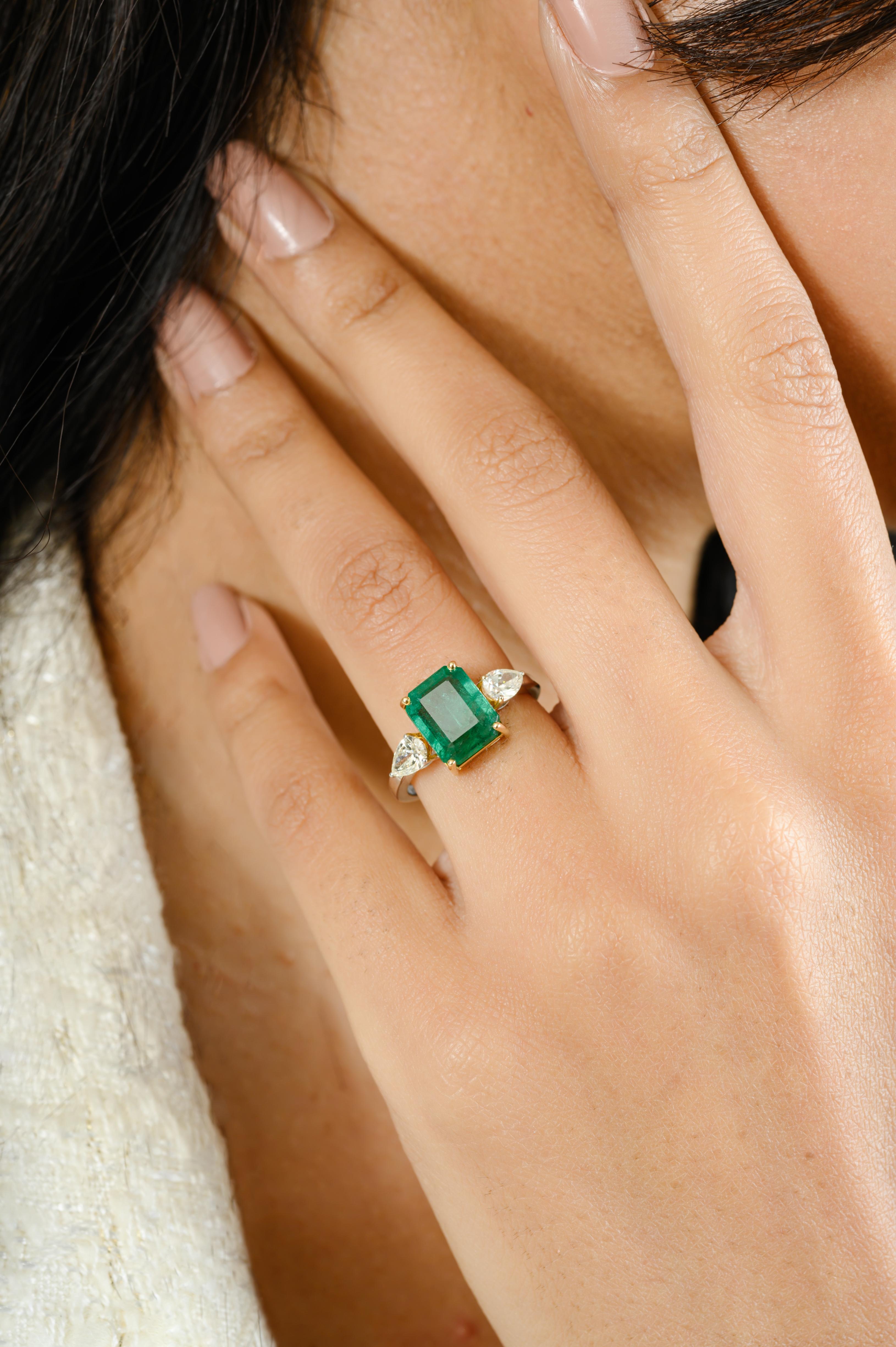 For Sale:  Exquisite Emerald Diamond Three Stone Engagement Ring Studded in 18k Solid Gold 4