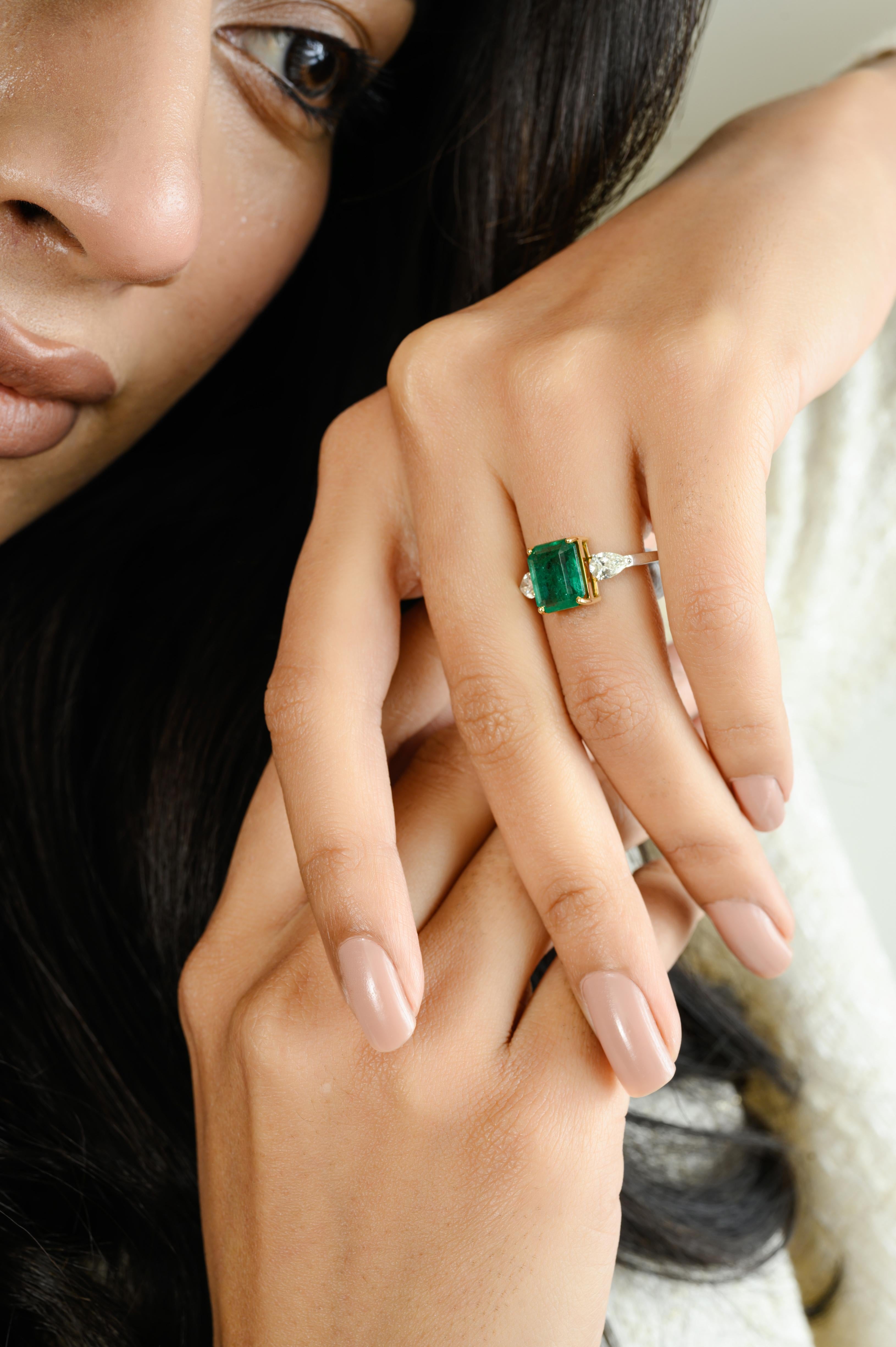 For Sale:  Exquisite Emerald Diamond Three Stone Engagement Ring Studded in 18k Solid Gold 6