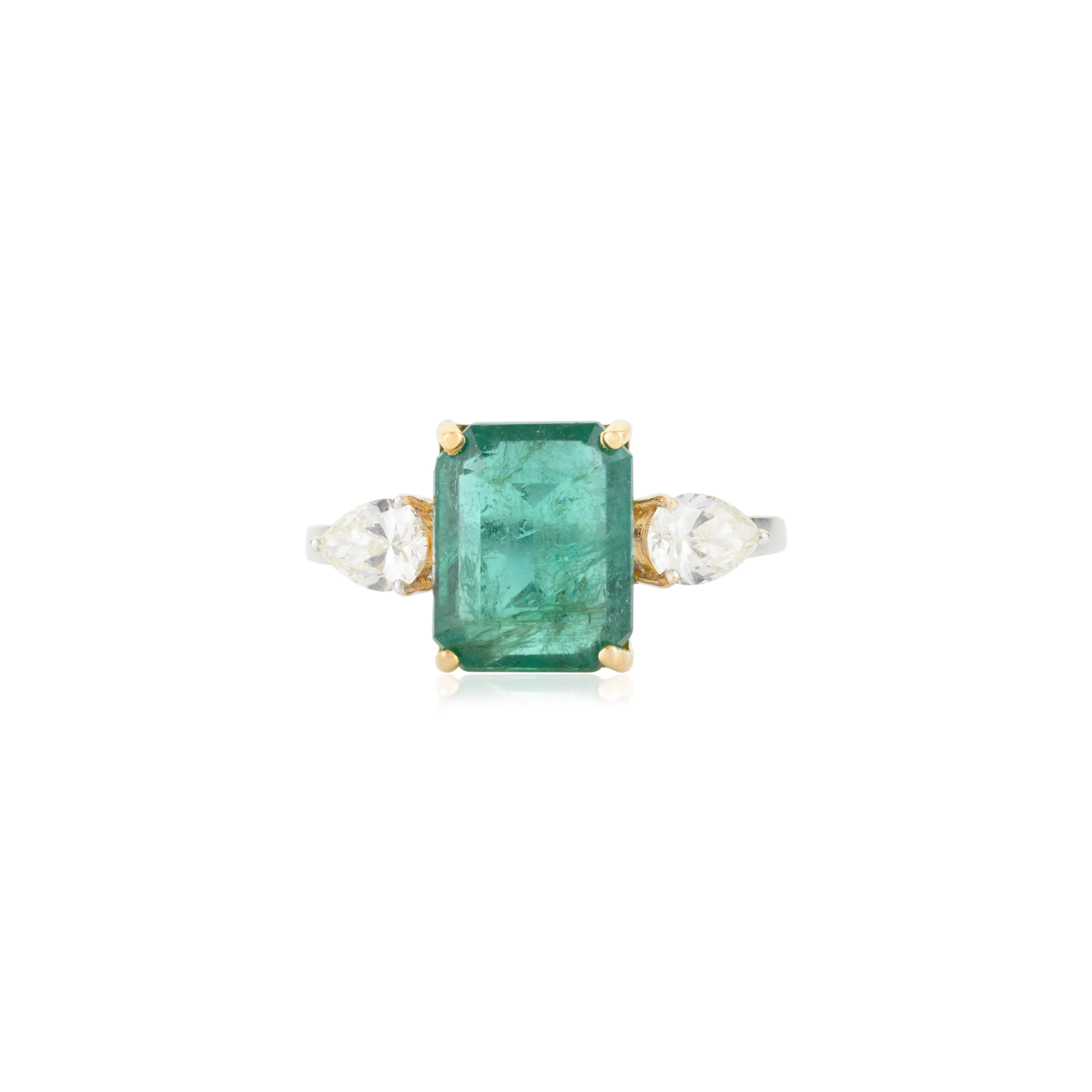 For Sale:  Exquisite Emerald Diamond Three Stone Engagement Ring Studded in 18k Solid Gold 7