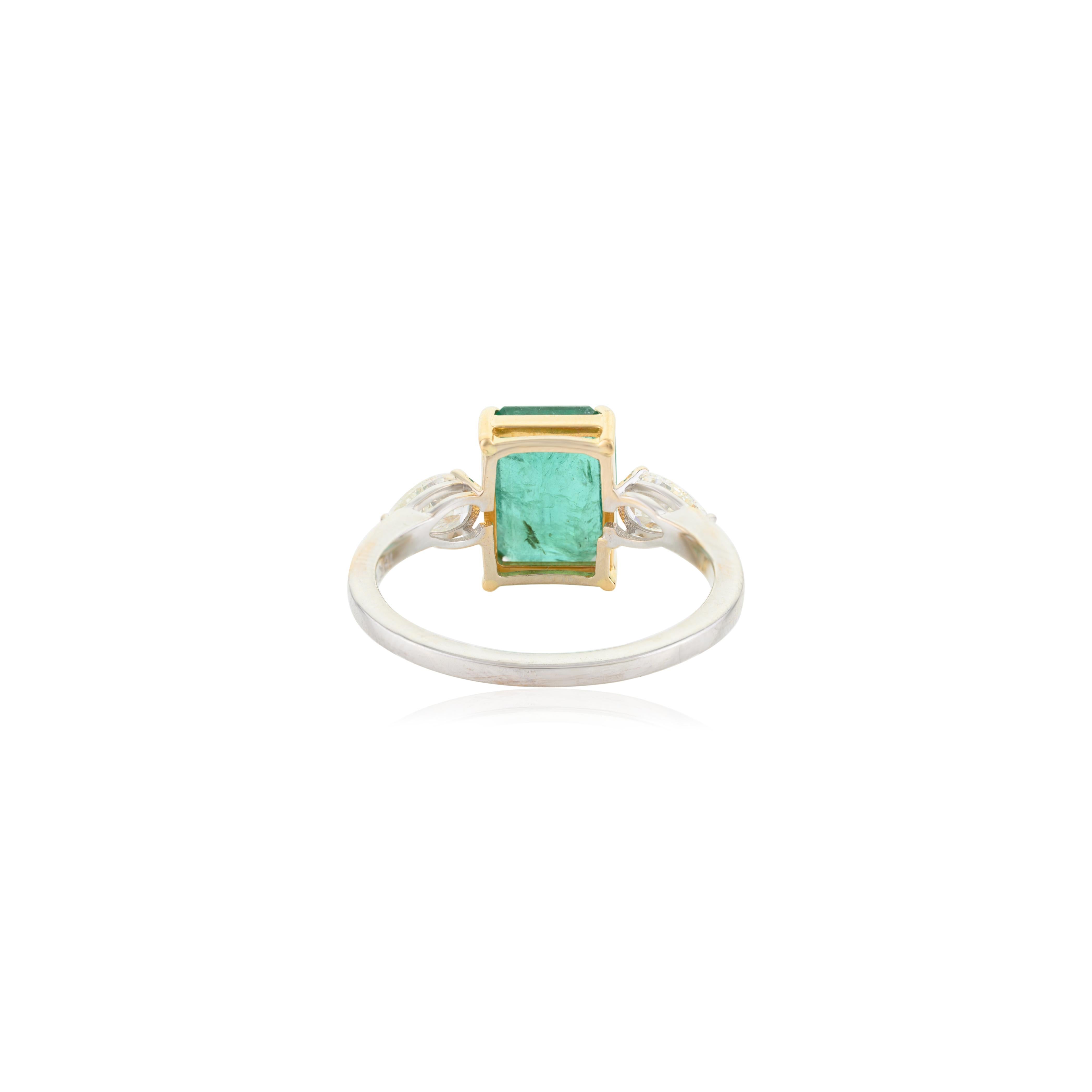 For Sale:  Exquisite Emerald Diamond Three Stone Engagement Ring Studded in 18k Solid Gold 8