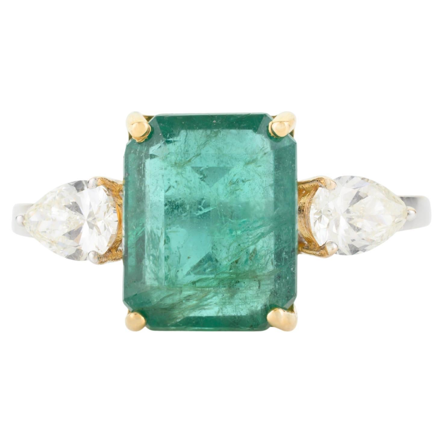 For Sale:  Exquisite Emerald Diamond Three Stone Engagement Ring Studded in 18k Solid Gold