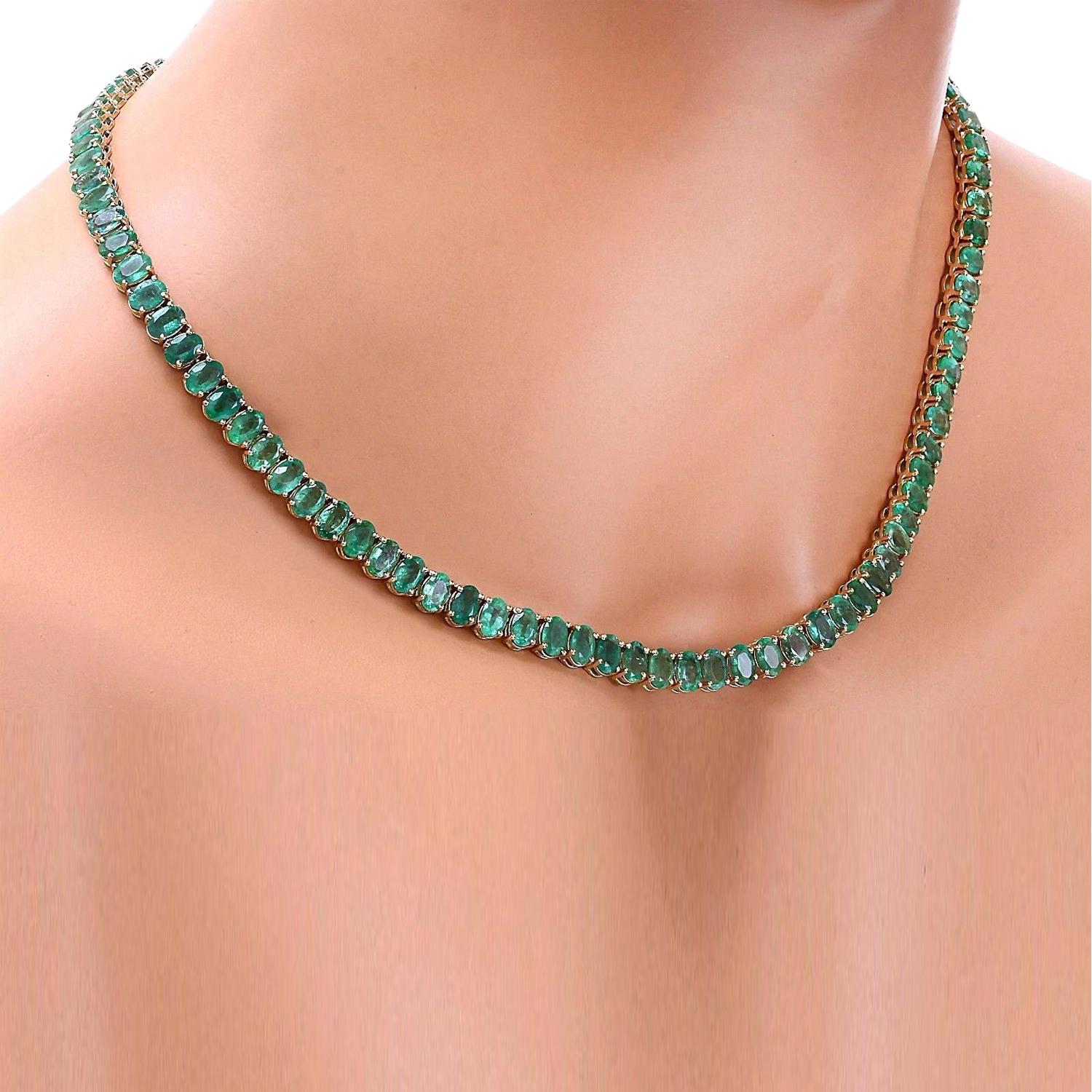 Elevate your elegance with our exquisite 48.00 Carat Emerald 14K Solid Yellow Gold Necklace. This tennis-style necklace boasts a length of 17 inches, making it a perfect statement piece for any occasion. Crafted from luxurious 14K Yellow Gold, it