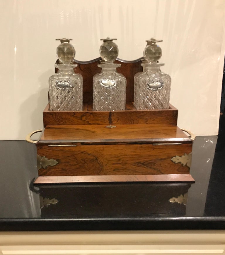Exquisite English Tantalus Three Decanter Liquor Set, 19th Century For