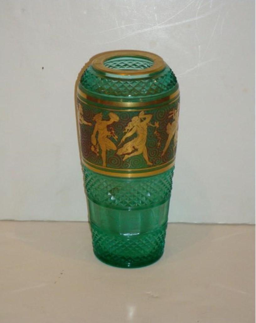 The Following Item we are offering is a Beautiful and Rare Exquisite Hand Cut Glass Vase of Elongated ovoid Form decorated with Gilt Highlighted Classical Figures on a Swirling Ground. The Rest of the Vase with Diamond Cut Pattern.  Taken out a