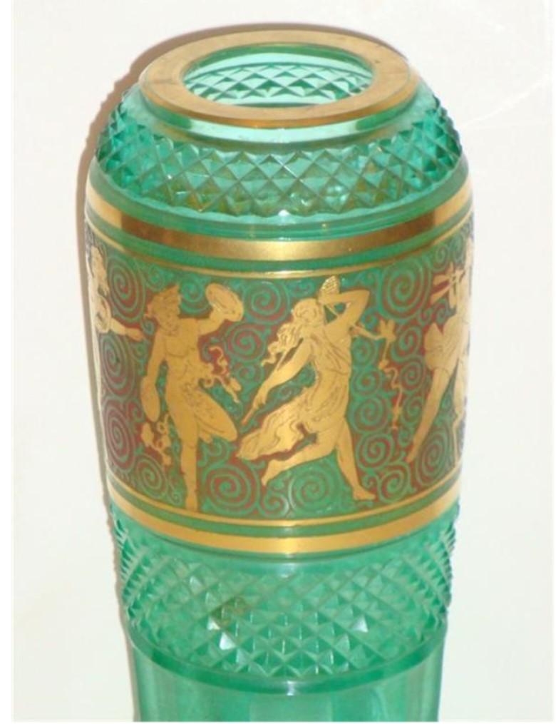 French  Exquisite European Emerald Diamond Cut Facet Glass Vase with Maidens Circa 1920 For Sale