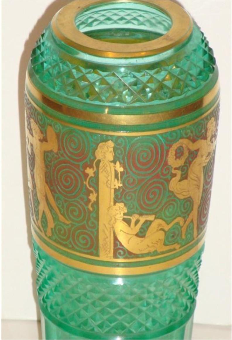  Exquisite European Emerald Diamond Cut Facet Glass Vase with Maidens Circa 1920 In Good Condition For Sale In New York, NY