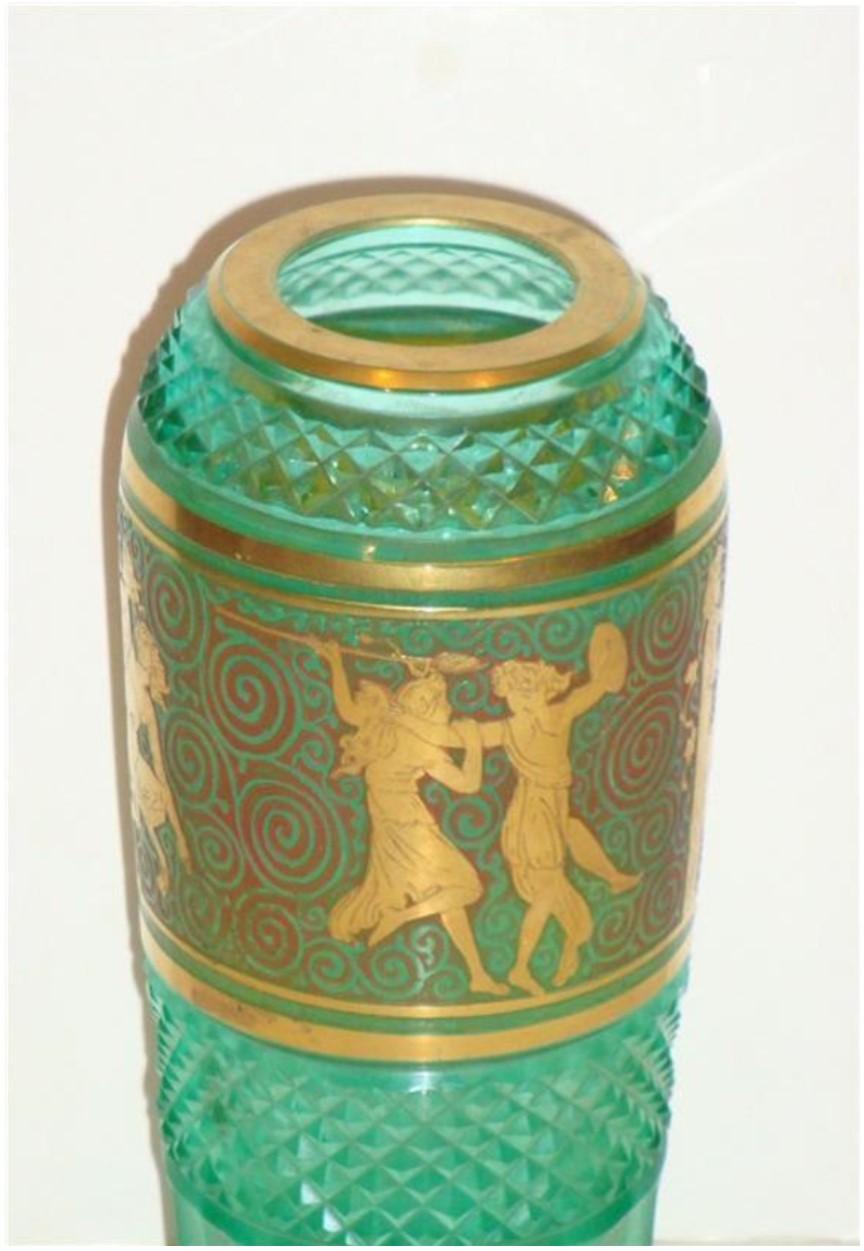 20th Century  Exquisite European Emerald Diamond Cut Facet Glass Vase with Maidens Circa 1920 For Sale