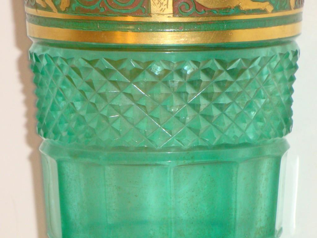 Crystal  Exquisite European Emerald Diamond Cut Facet Glass Vase with Maidens Circa 1920 For Sale