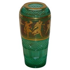 Exquisite European Emerald Diamond Cut Facet Glass Vase with Maidens Circa 1920