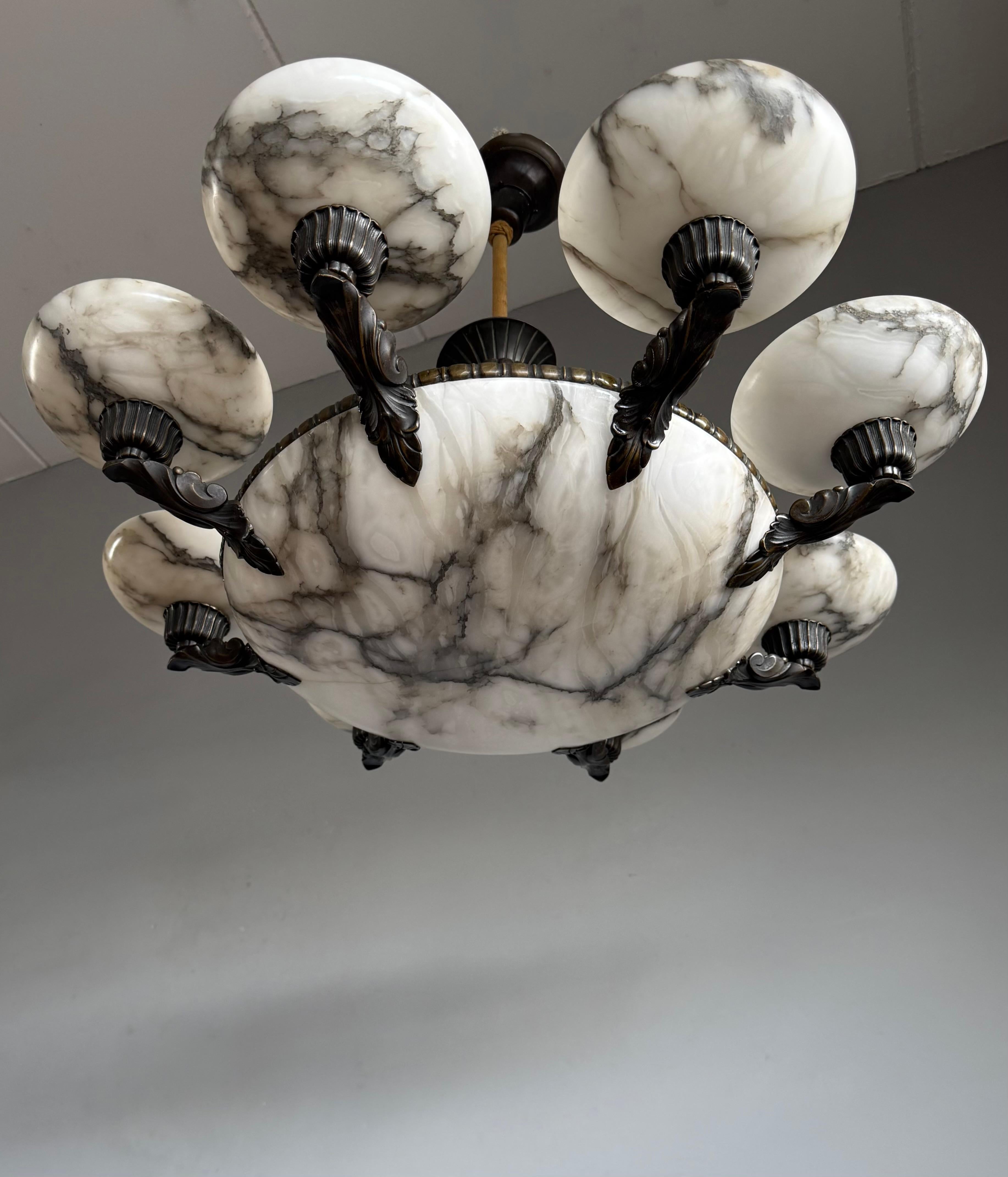 Exquise & Extra Large Antique White & Black Alabaster & Bronze Chandelier 1910 en vente 7