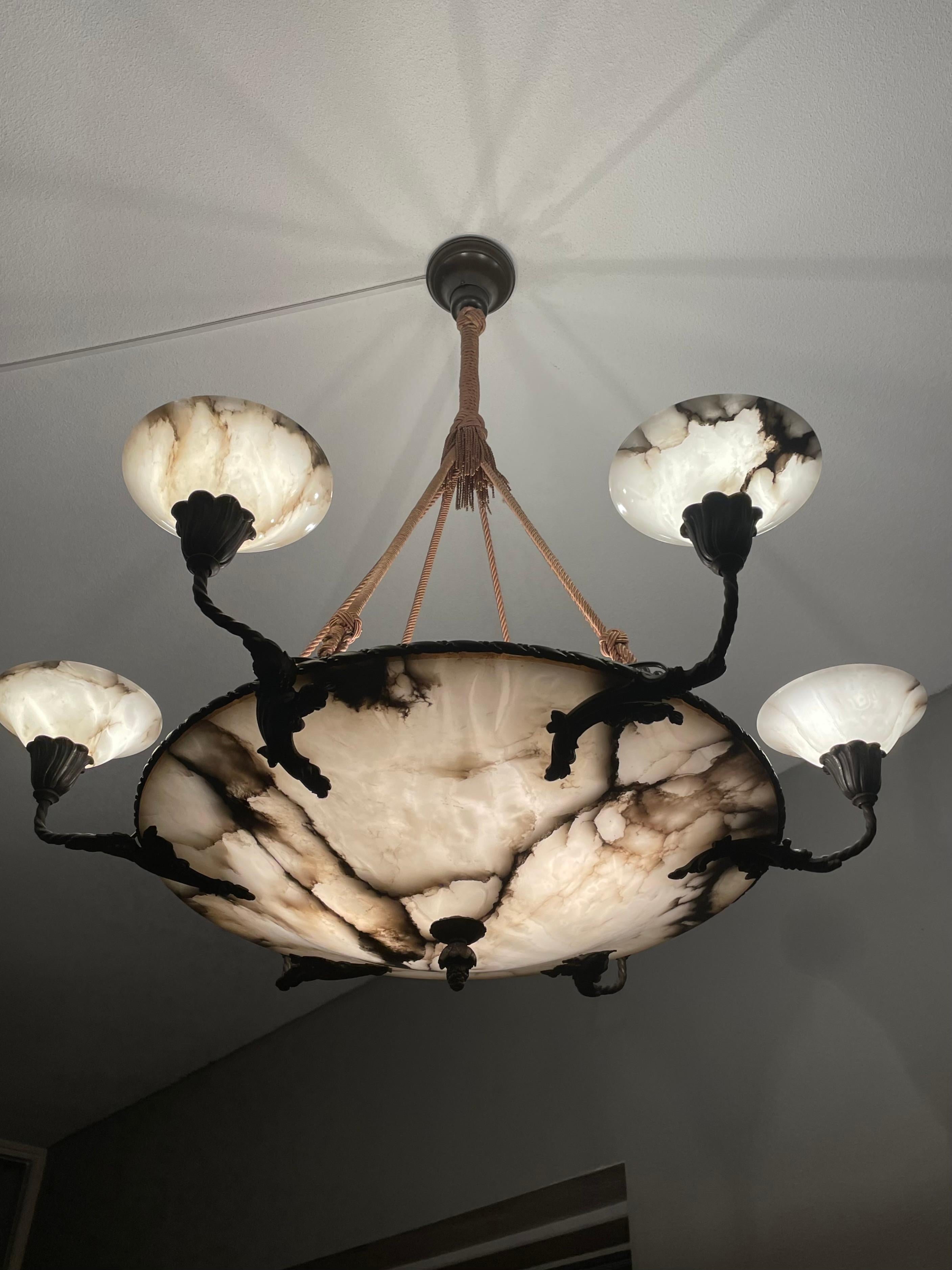 Hand-Knotted Exquisite & Extra Large Antique White & Black Alabaster & Bronze Chandelier 1910 For Sale