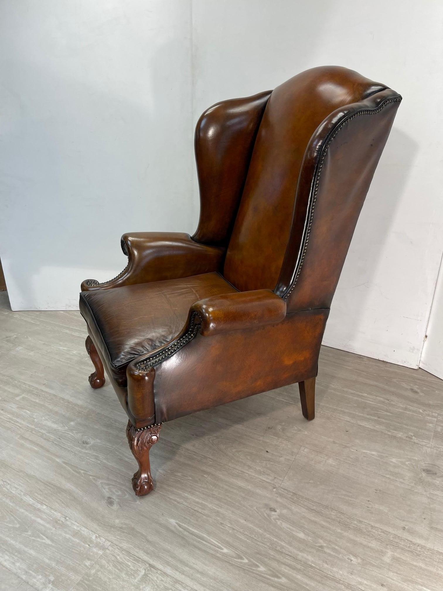 Exquisite Extra Large Restored Brown Leather Wingback Armchair Claw & Ball Feet 1