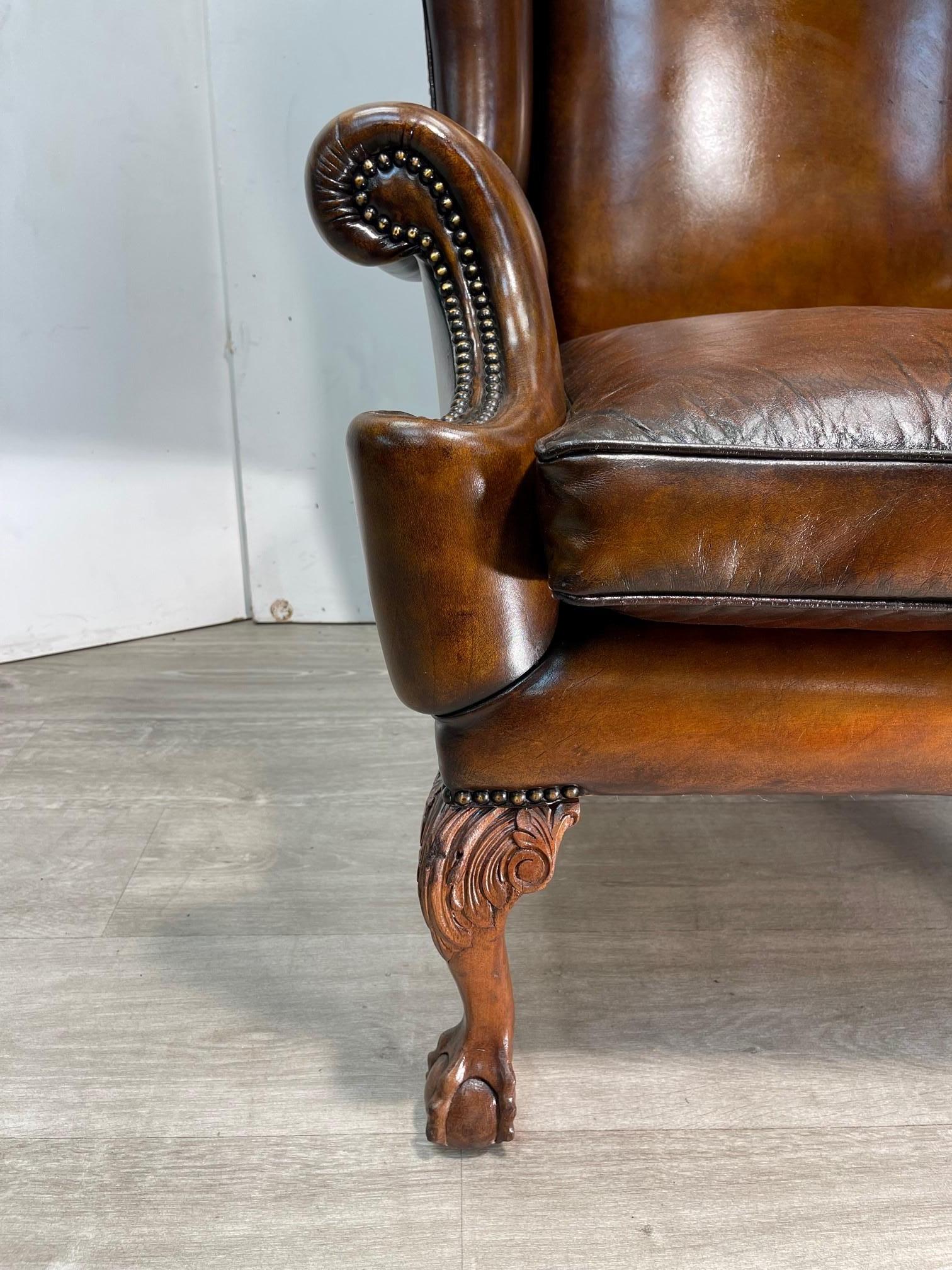 Exquisite Extra Large Restored Brown Leather Wingback Armchair Claw & Ball Feet 2