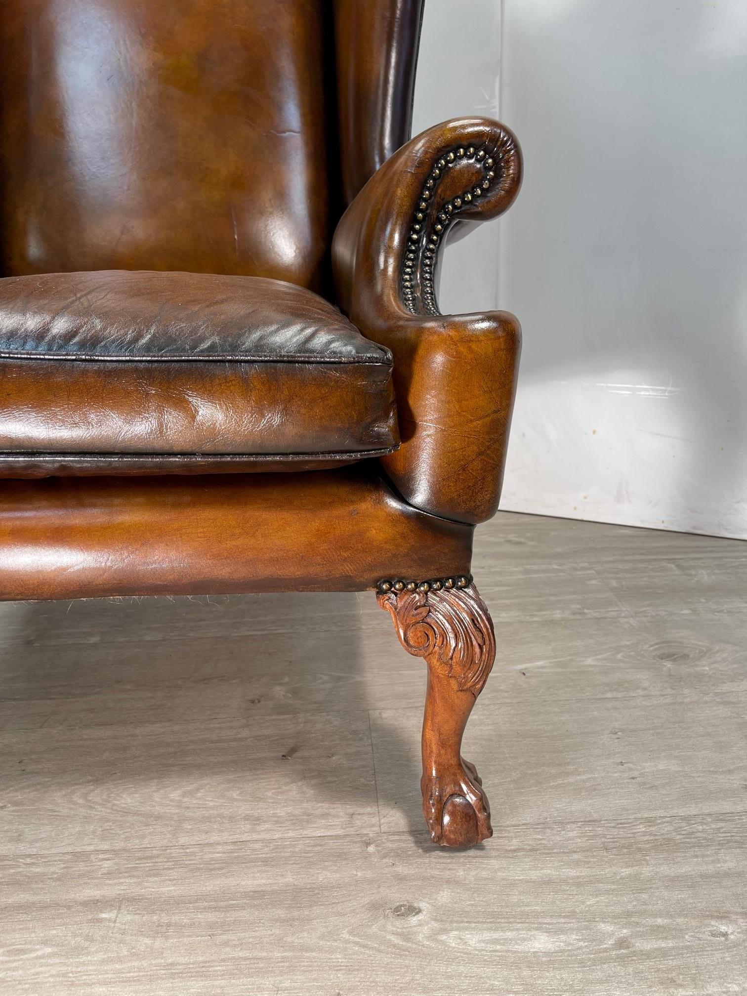Exquisite Extra Large Restored Brown Leather Wingback Armchair Claw & Ball Feet 3